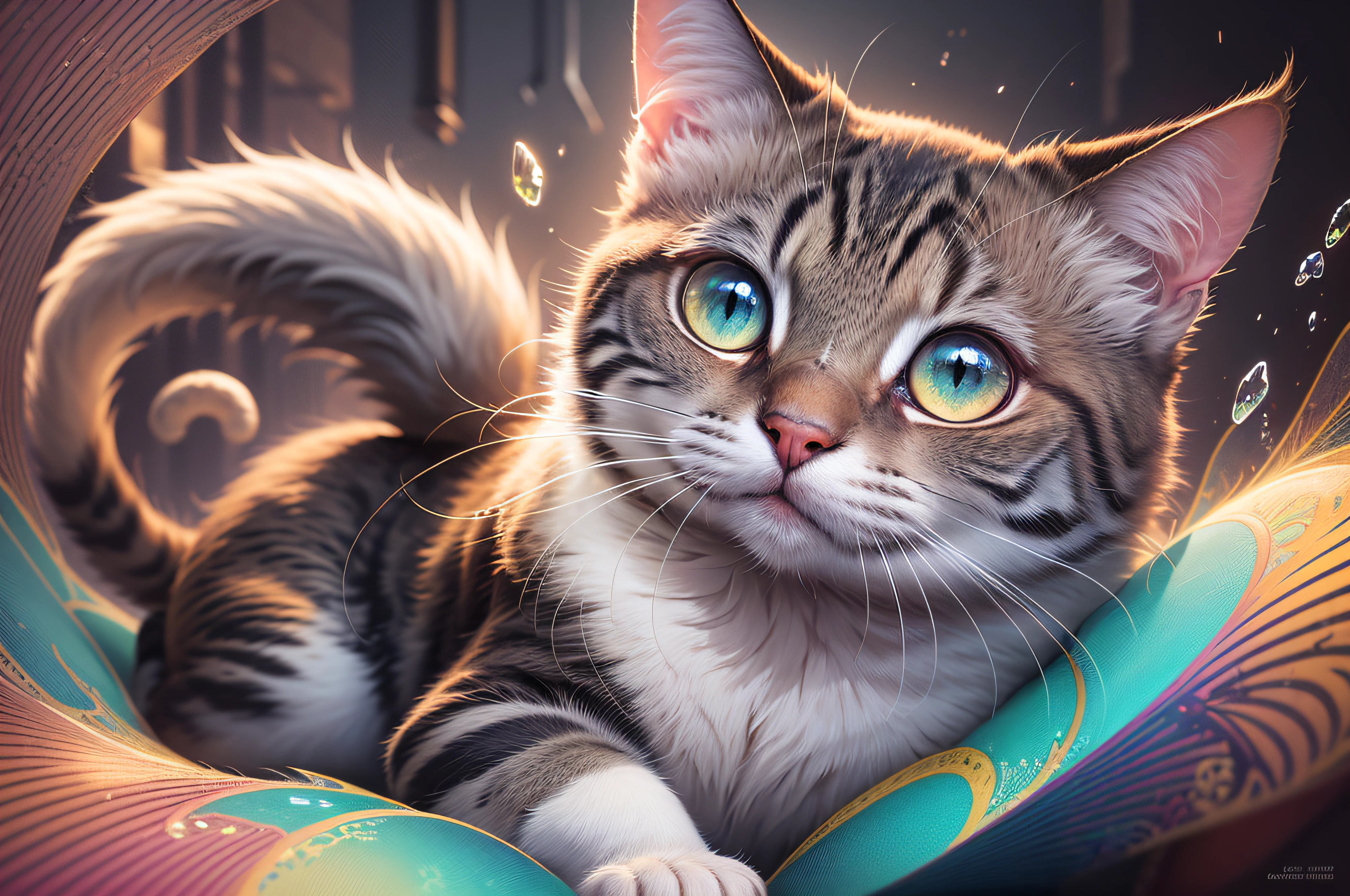 {{An irreal depiction of a cat}} with {vibrant and surreal colors}. The image should showcase {the cat's unique and otherworldly appearance}. The environment/background should be {dreamlike and fantastical}, creating an {ethereal and whimsical atmosphere}. The image should be in the style of a {digital illustration}, incorporating elements of {fantasy art and magical realism}. The camera shot type can be {close-up} or {medium shot}, captured with a {wide-angle lens} to emphasize the cat's features and create a sense of distortion. The lighting should be {magical and vibrant}, highlighting {the cat's colors and creating a surreal glow}. The desired level of detail is {high}, with a {high-resolution} resolution, to capture the intricate details of the cat's appearance. The goal is to create an {eye-catching and captivating} image that transports viewers to a world where cats exist in fantastical and unreal colors.