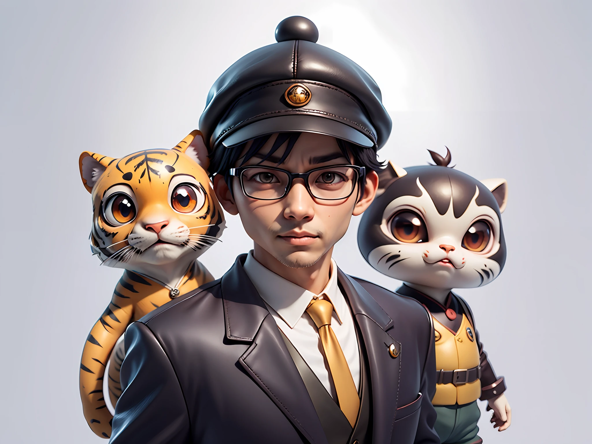 Young man with oriental face in leather hat, tiger, oriental face in formal suit, short black hair, silver glasses, digital painting, 3D character design by Mark Clairedon and Pixar and Hayao Miyazaki and Akira Toriyama, the illustration is a high-definition illustration in 4K resolution with very detailed facial features and cartoon-style visuals.