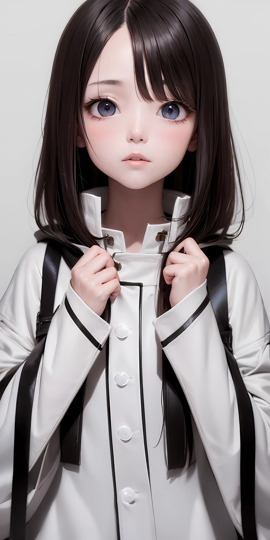 Need,tmasterpiece,brunette color hair,Black eyes,Manteau blanc,Look up,The upper part of the body,Hairline,Fair skin,