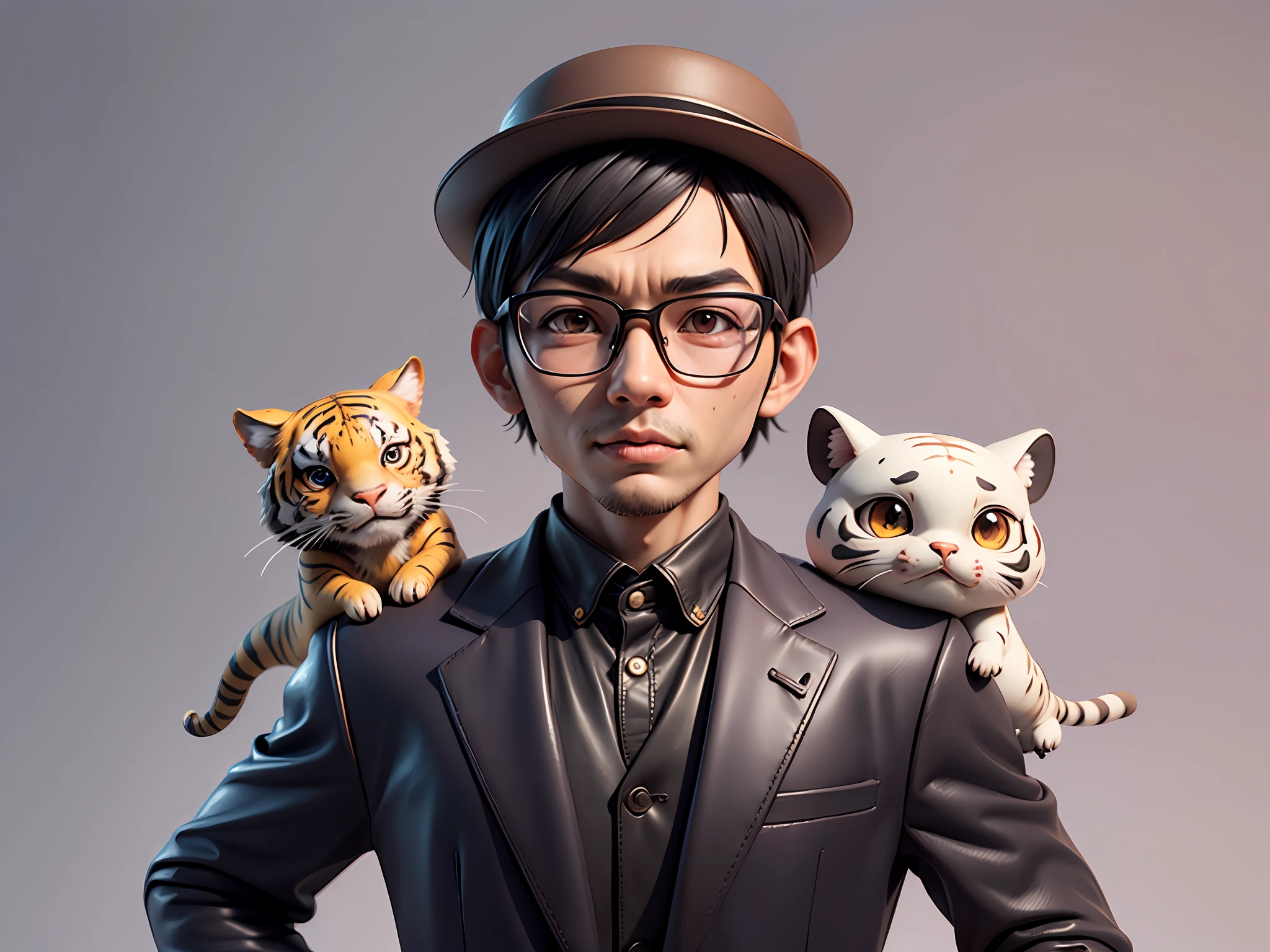 Young man with oriental face in leather hat, tiger, oriental face in formal suit, short black hair, silver glasses, digital painting, 3D character design by Mark Clairedon and Pixar and Hayao Miyazaki and Akira Toriyama, the illustration is a high-definition illustration in 4K resolution with very detailed facial features and cartoon-style visuals.