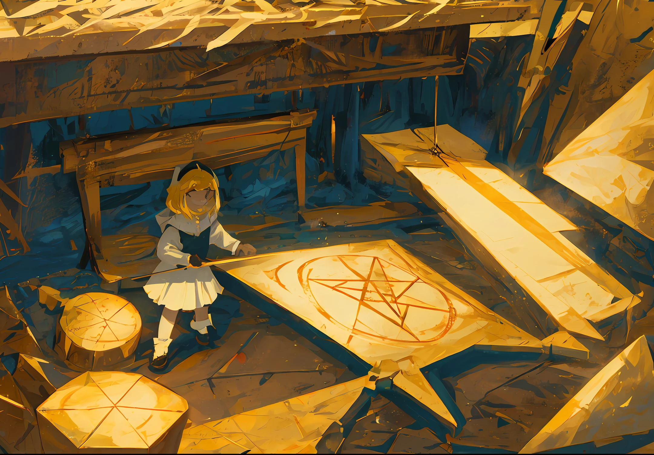 A huge pentagram with a polygonal veneer in gold with a light and shadow effect