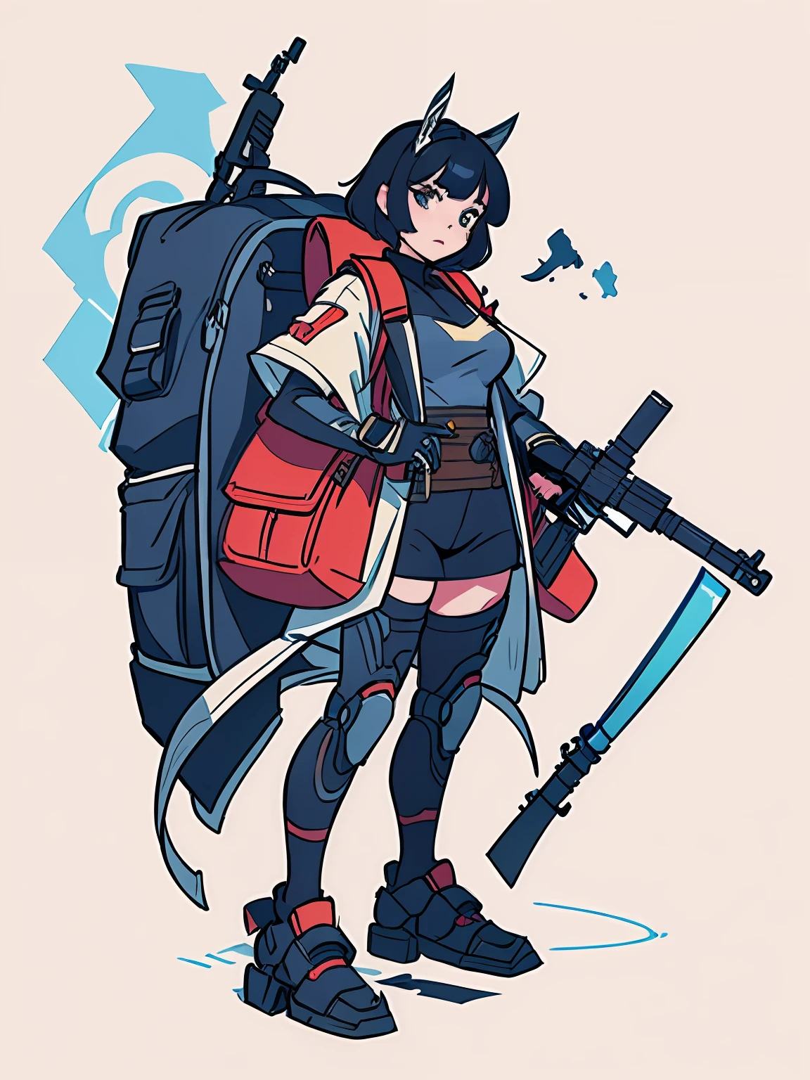 Painting of a woman with a gun and a backpack, heavy lineart, detailed full-body concept, Line sketch, Line sketch!!, hyper detailed line art, line work concept art, highly detailed sketch, Line art!!, Inspired by Masamune Shirow, lineart behance hd, mechanized soldier girl, heavy outline, perfect lineart