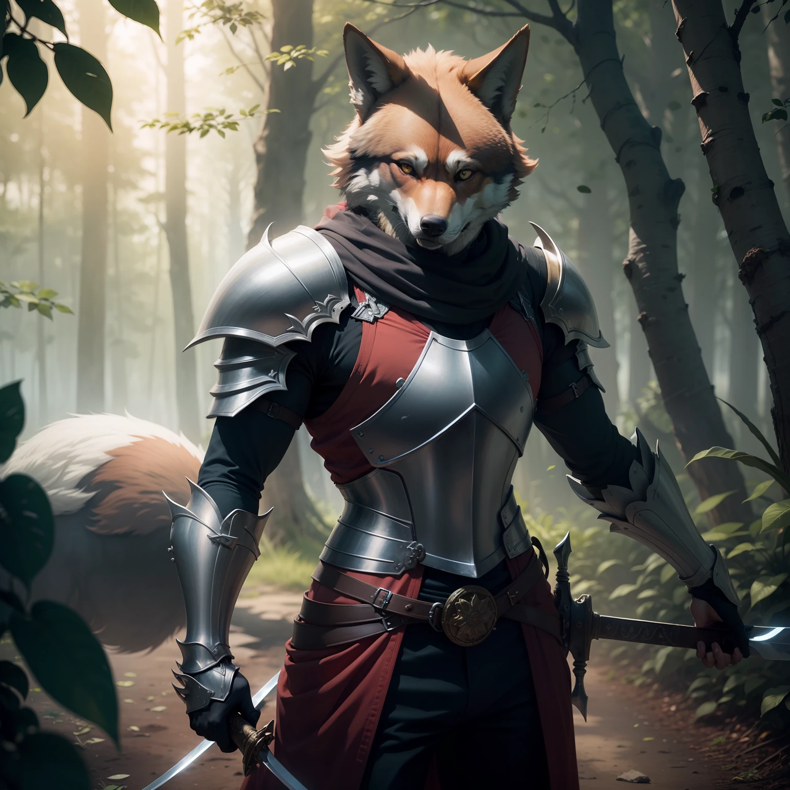 "(melhor qualidade, obra-prima), detalhes ultra-realistas, CG wallpaper with 8K resolution, A magical red wolf knight wielding a sword and magic, em um ambiente de fantasia com nuvens e floresta densa ao longe."