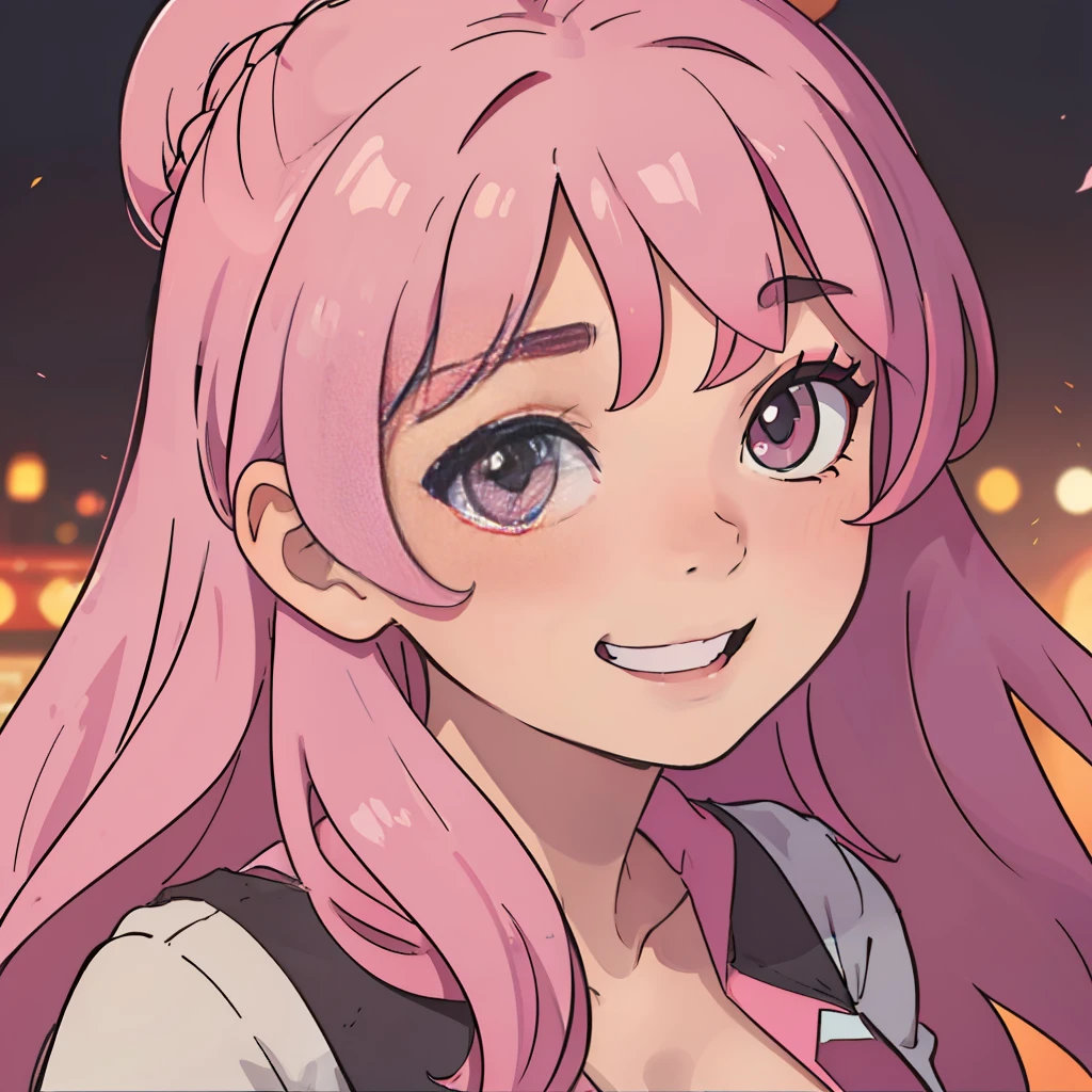 Kizi,Long pink hair,face,Close-up movie shots,The background is blurred out,Very happy,ssmile,closeup cleavage