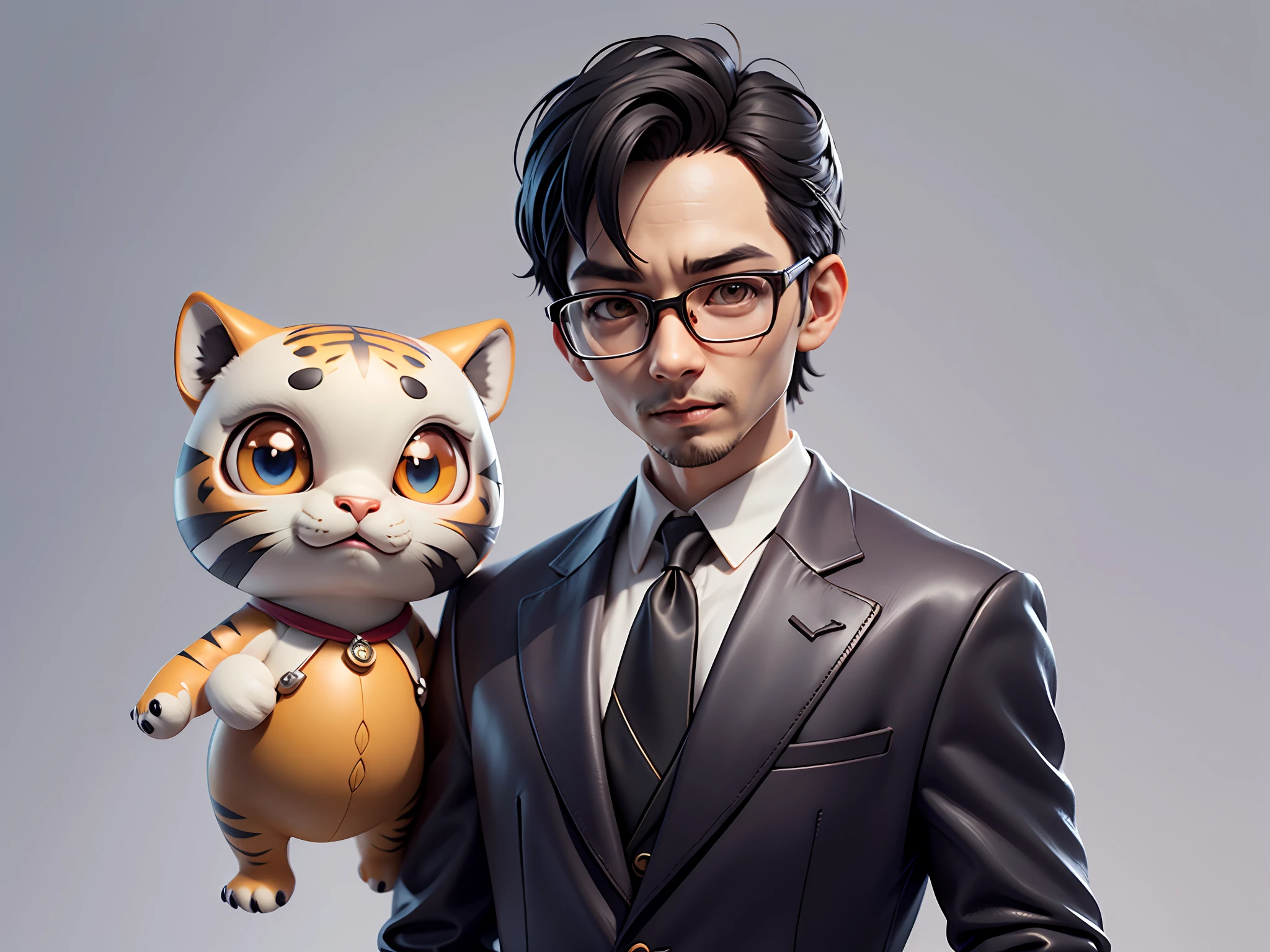 Young man with oriental face in leather hat, tiger, oriental face in formal suit, short black hair, silver glasses, digital painting, 3D character design by Mark Clairedon and Pixar and Hayao Miyazaki and Akira Toriyama, the illustration is a high-definition illustration in 4K resolution with very detailed facial features and cartoon-style visuals.