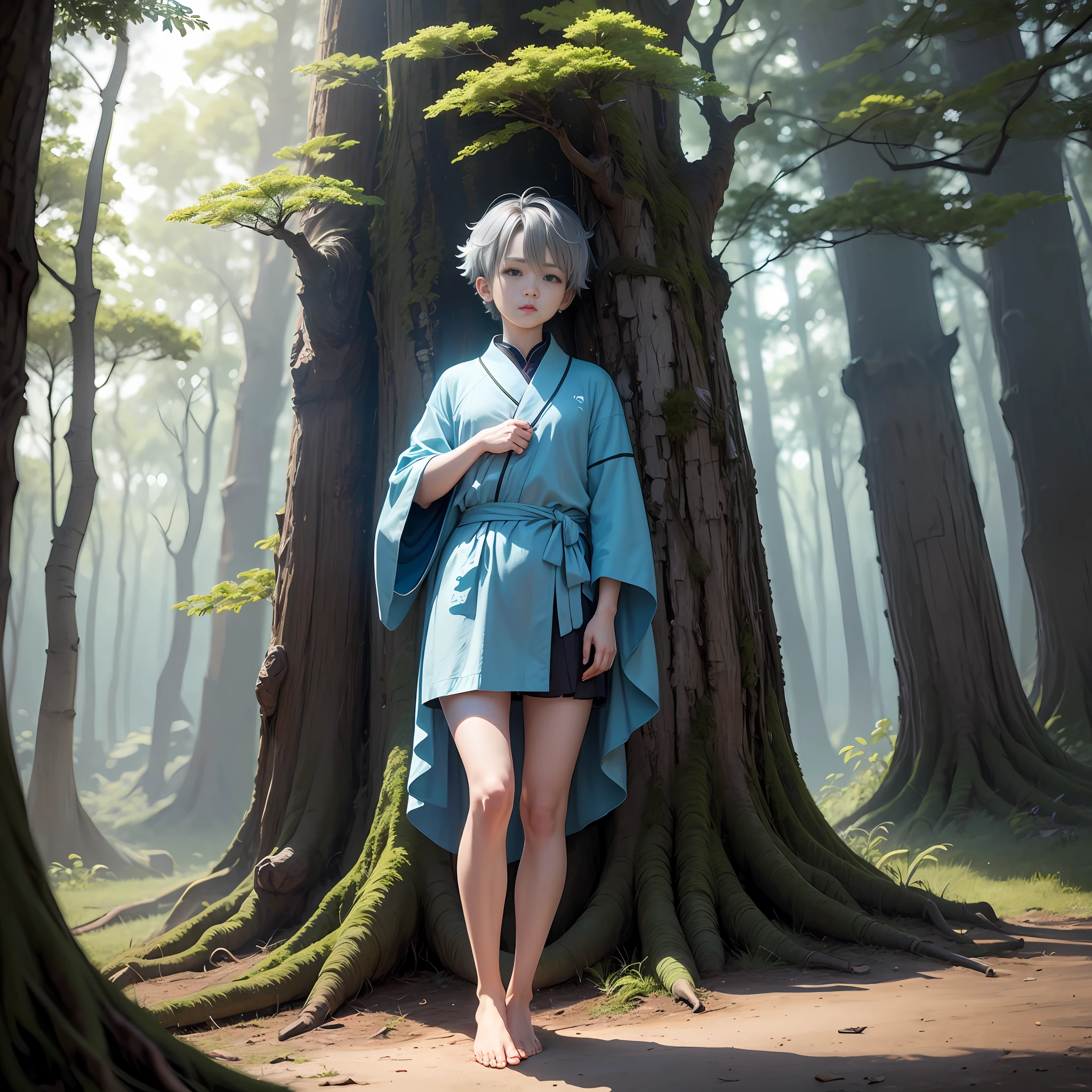 China-style,brunette color hair,Gray-blue eyes,short detailed hair,adolable,Cyan robe,tree branch,Barefoot,Shota,starrysky,cyber punk perssonage --auto