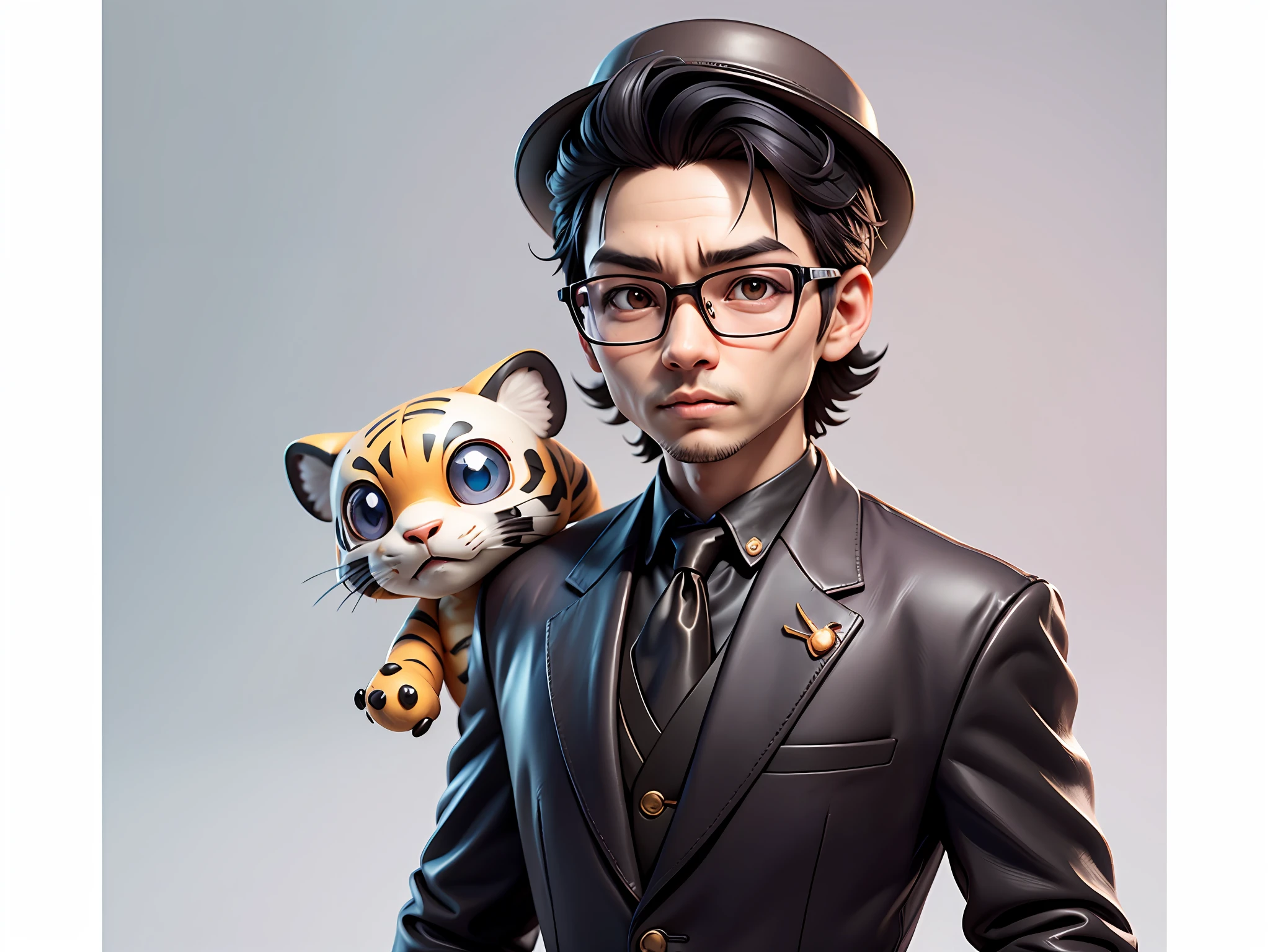 Young man with oriental face in leather hat, tiger, oriental face in formal suit, short black hair, silver glasses, digital painting, 3D character design by Mark Clairedon and Pixar and Hayao Miyazaki and Akira Toriyama, the illustration is a high-definition illustration in 4K resolution with very detailed facial features and cartoon-style visuals.