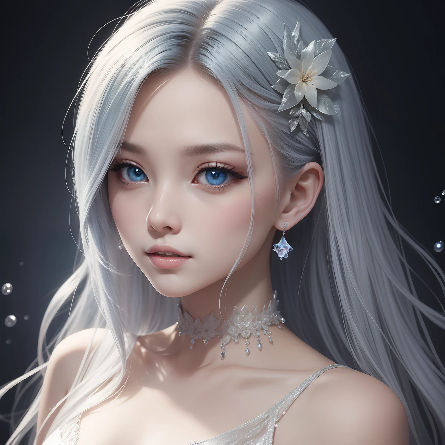 （​masterpiece）8K分辨率、top-quality、Ice Fairy、Silver hair、Ash blue eyes、Hazel Eyes、Delicate body、fantasy-inspired