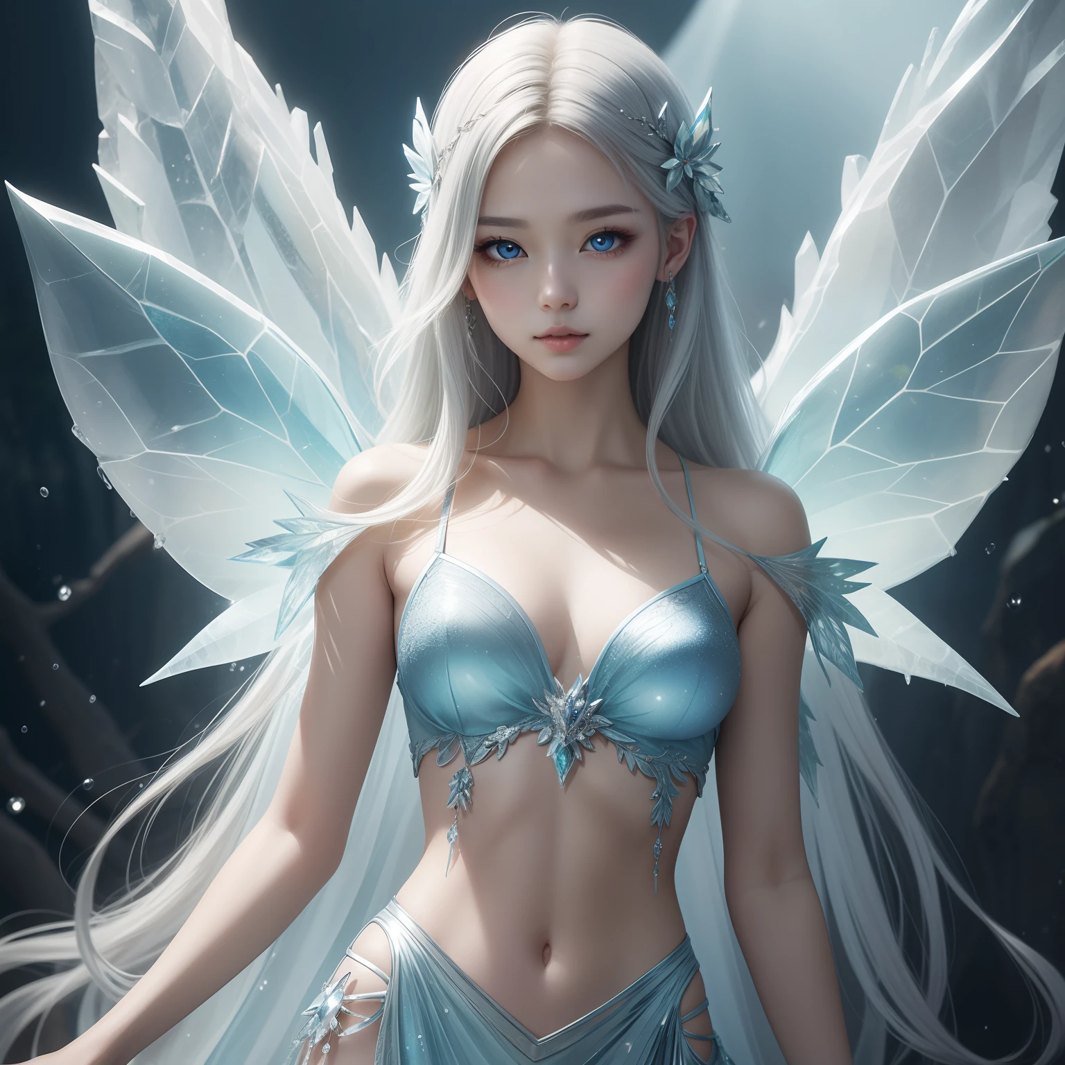 (masterpiece)8K分辨率、top-quality、Ice Fairy、Silver hair、Ash blue eyes、Hazel Eyes、Delicate body、fantasy-inspired