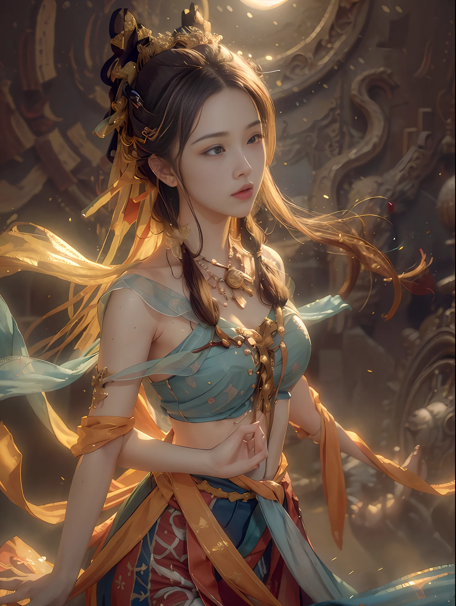 (RAW photo, best quality), (realistic, photo-realistic:1.3),best quality,highly detailed,masterpiece,ultra-detailed,1girl,upper_body,dynamic angle,world masterpiece theater,messy_long_hair,best quality,extremely detailed CG unity 8k wallpaper, ink,Amazing,cinematic lighting,lens_flare, dunhuang_style, full body