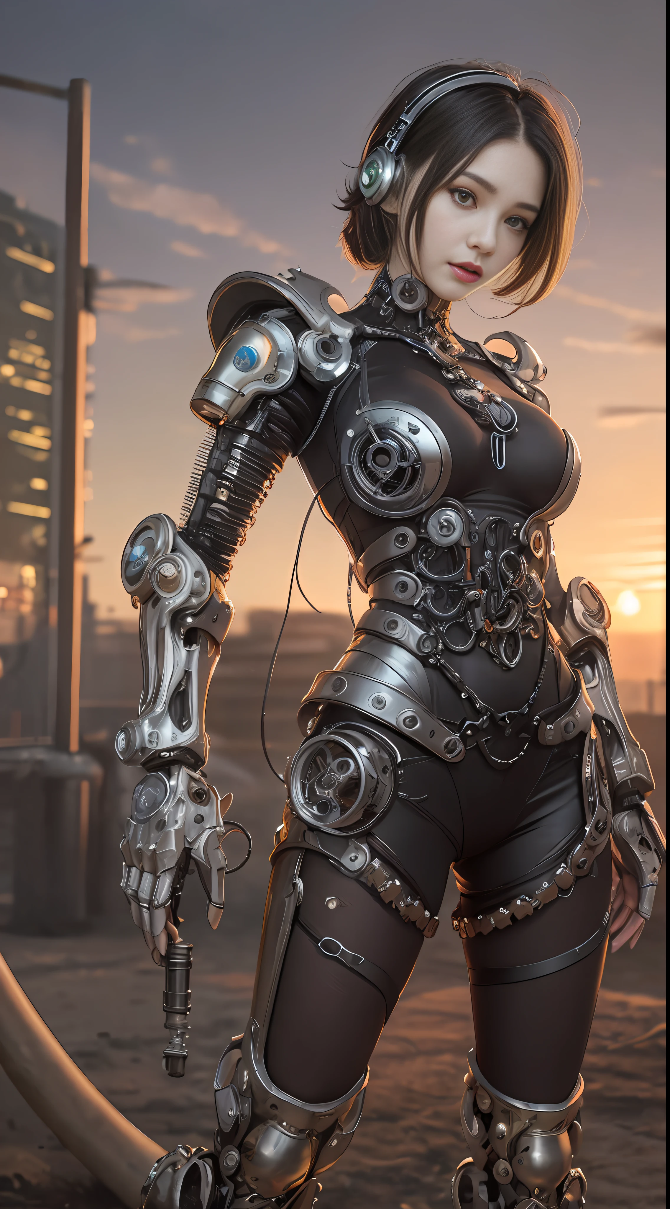 Cute young biomechanical steampunk cyborg woman realistic movie shallow focus scene, her full body standing with a fluid movement in a simple barren place with stunning cloudscape and a sunset.Gothloli details、Hydraulic cylinder、meter、pipes、
Futuristic headset、
(wearing futuristic clothing (tangerine:0.3) cropped jacket and low cut jeans on top:1) Her intricately detailed anatomically sculpted biomechanical graphite steampunk body, (Intricately detailed anatomically sculpted biomechanical graphite steampunk cyborg grady).Futuristic headset、
(Anatomically sculpted biomechanical graphite steampunk cyborg、Elegant and glamorous goth loli details、cables, The wire and green microchip are、Skillfully on her female cyborg body)
Slender hot fit body with a gorgeous young round face, expressive big round eyes,
Captured with bright natural light and beautiful vibrant colors. Stunning steampunk-style 8K resolution images.
The scene has a strong heroic unconquerable mood, a masterful complete scene of the female full body standing with a happy expression.