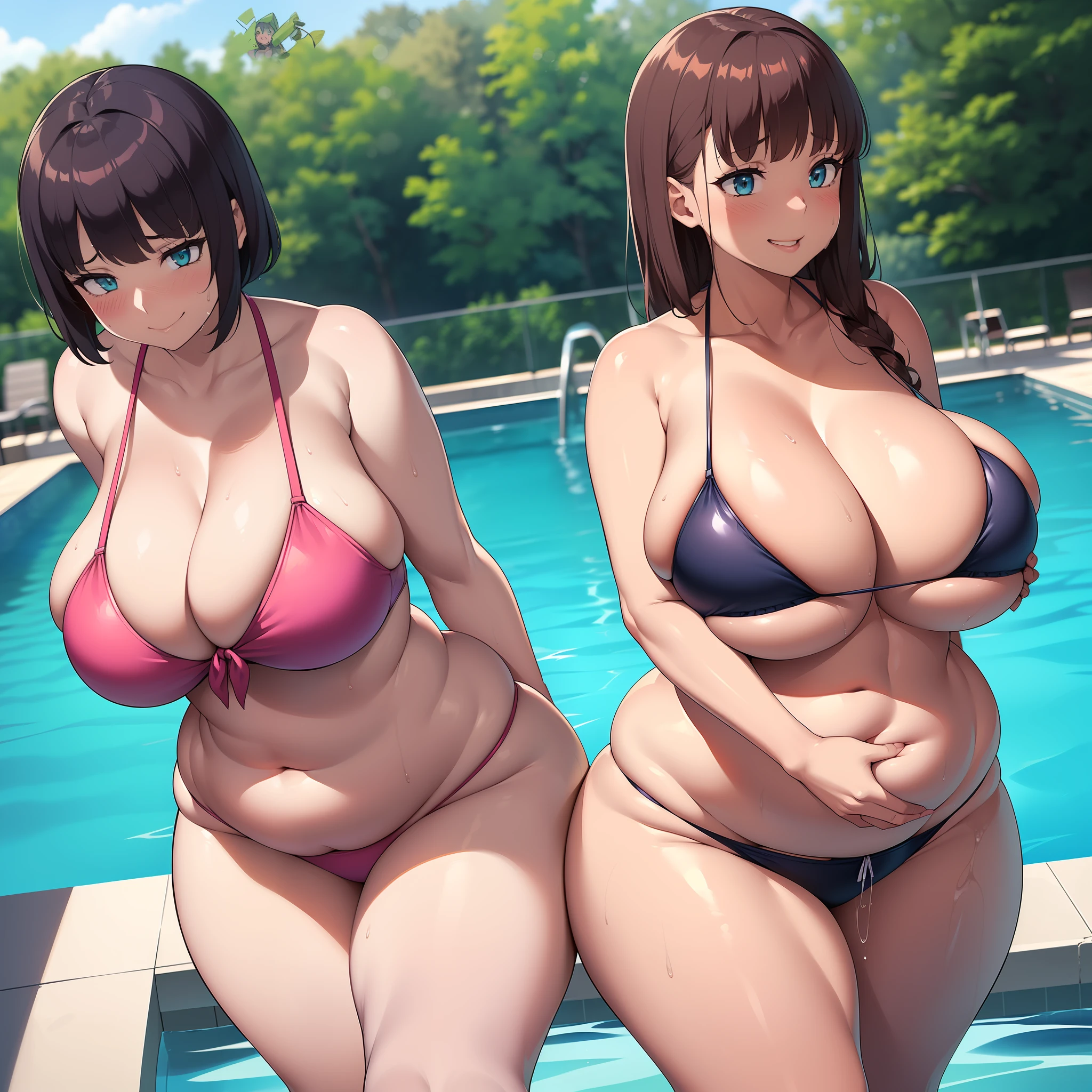 (((kipteitei art))), Masterpiece, high quality, best quality, beautiful, HD, perfect lighting, detailed face, ultra cute face, detailed body, ((2girls)), nervous smile, wet, sexually suggestive, ((masochism)), (embarrassed), (((aroused))), sweating, ((blush)) large breasts, cleavage, covering, perky breasts, ((massive hips)), (((thick thighs))), (((thicc))), ((fat ass)), ((pudgy)), ((fat folds)), belly hang, bikini, ((undersized bikini)), in public pool, facing to the side, dynamic angle, ((2 girls standing next to each other)), she is embarrassed but it turns her on, standing in the pool