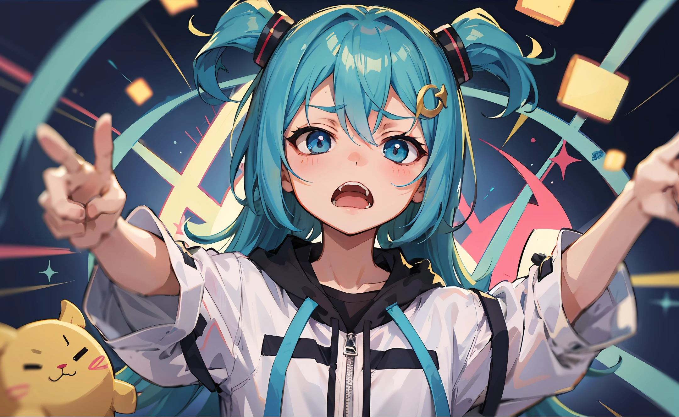 A cartoon image of a girl with blue hair holding a fish, tired and haunted expression, ahegao, tired haunted expression, chibi monster girl, mikudayo, tchibi, neferpitou, ahegao face, anime moe art style, From Arknights, tsuaii, mika kurai demon, nyaruko-san, discord pfp, Kantai collection style