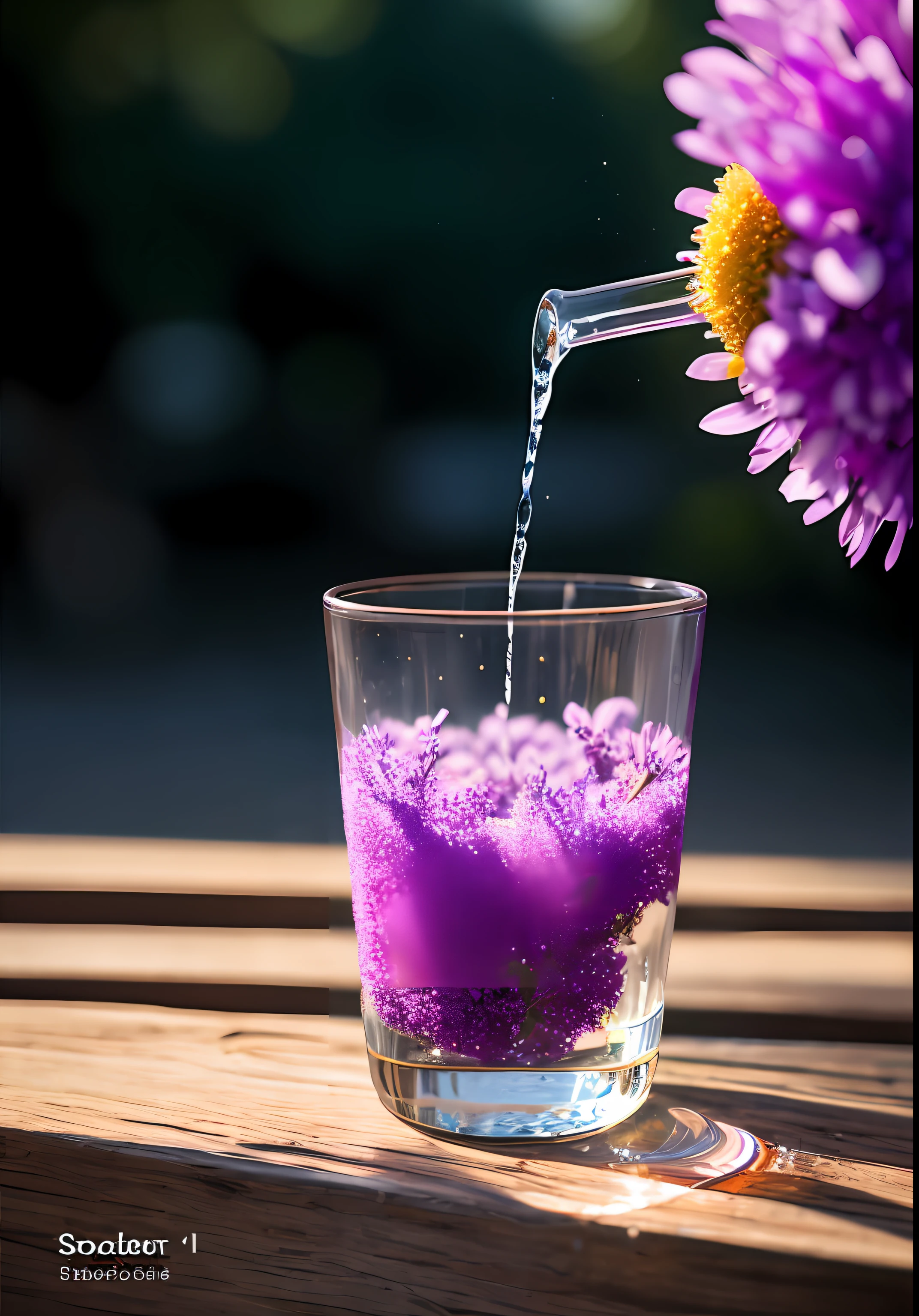 A glass containing water droplets from a carbonated beverage,Translucent light blue liquid,ice cubes,airbubble,Daisy and lavender flowers,midday outdoor lighting,open air,nature backdrop,summer day,scorching weather,high detal,Very humid humidity,High brightness,wet watermarks,Too much detail,ultra-realistic realism,the soft light,studio lit,diffused soft light,shallowdepthoffield, sharp fokus, Bokeh effect, Ray tracing, sub surface scattering, Complex soft light, diffused soft light, highly detailed glass reflection, Ultrathin(Ultrathin), Ultrathin) (thinness, Hyper-detailing), cinematic ligh, ultra-realistic realism, hardware, best qualtiy, 超A high resolution (realisticlying: 1.4), A high resolution, the detail, Original photography, Clear reproduction, 4 Kodak Portra 400 stock camera, F1.6 shots, textures true to reality, Spectacular lighting,