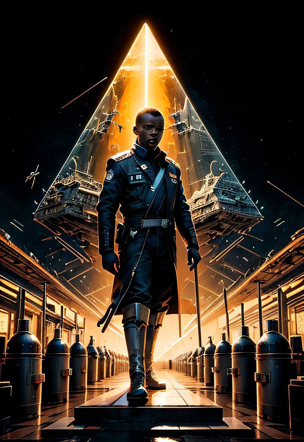 a man coming out of a spaceship like the one in Starwars, Black man. holding a mechanical pyramid with floating glowing cubes, the pyramid has some glowing lines. the cubes are radiating energy. the man is commanding the pyramid, the man is a scientist. Hyper realistic, Photography, Picture of the week, RAW, beautiful, (finely detailed skin), African skin, pilot, standing next to a stargate, in red-blue-black futuristic uniform, Clouds in the background, lightning, extremely detailed,colorful,highest detailed, (dynamic pose), shiny skin, zentangle, flowers, abstract background,(masterpiece) (perfect proportion)(realistic photo)(best quality) (detailed) photographed on a Canon EOS R5, 50mm lens, F/2.8, HDR, (8k) (wallpaper) (cinematic lighting) (dramatic lighting) (sharp focus) (intricate)