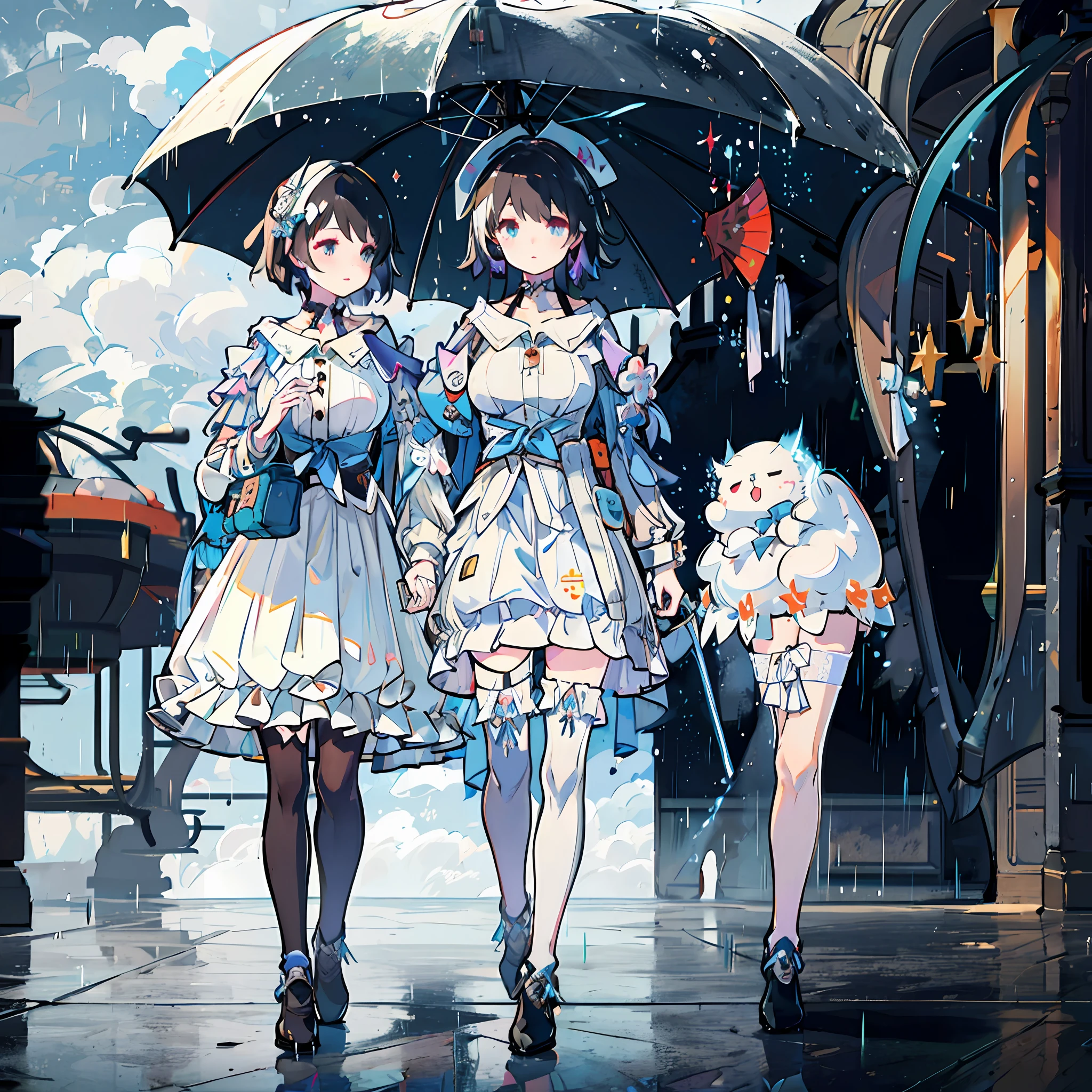 ((Two Victorian maidens+Arm in arm:0.8+leg loops:0.7)Leaning against each other under umbrellas),(Girls White stockings+White Lolita Maiden in the Rain),Black bag:0.9，It was dark，The town is blurred，The clouds seemed to be falling。 --auto