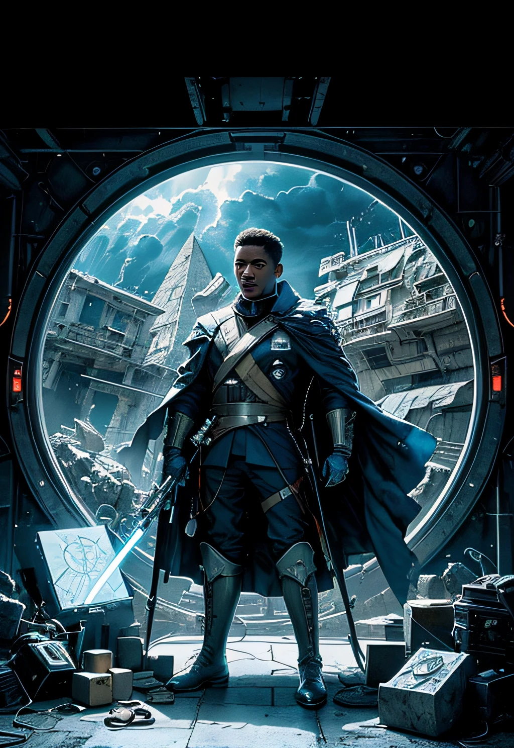 a man coming out of a spaceship like the one in Starwars, Black man. holding a mechanical pyramid with floating glowing cubes, the pyramid has some glowing lines. the cubes are radiating energy. the man is commanding the pyramid, the man is a scientist. Hyper realistic, Photography, Picture of the week, RAW, beautiful, (finely detailed skin), African skin, pilot, standing next to a stargate, in red-blue-black futuristic uniform, Clouds in the background, lightning, extremely detailed,colorful,highest detailed, (dynamic pose), shiny skin, zentangle, flowers, abstract background,(masterpiece) (perfect proportion)(realistic photo)(best quality) (detailed) photographed on a Canon EOS R5, 50mm lens, F/2.8, HDR, (8k) (wallpaper) (cinematic lighting) (dramatic lighting) (sharp focus) (intricate)