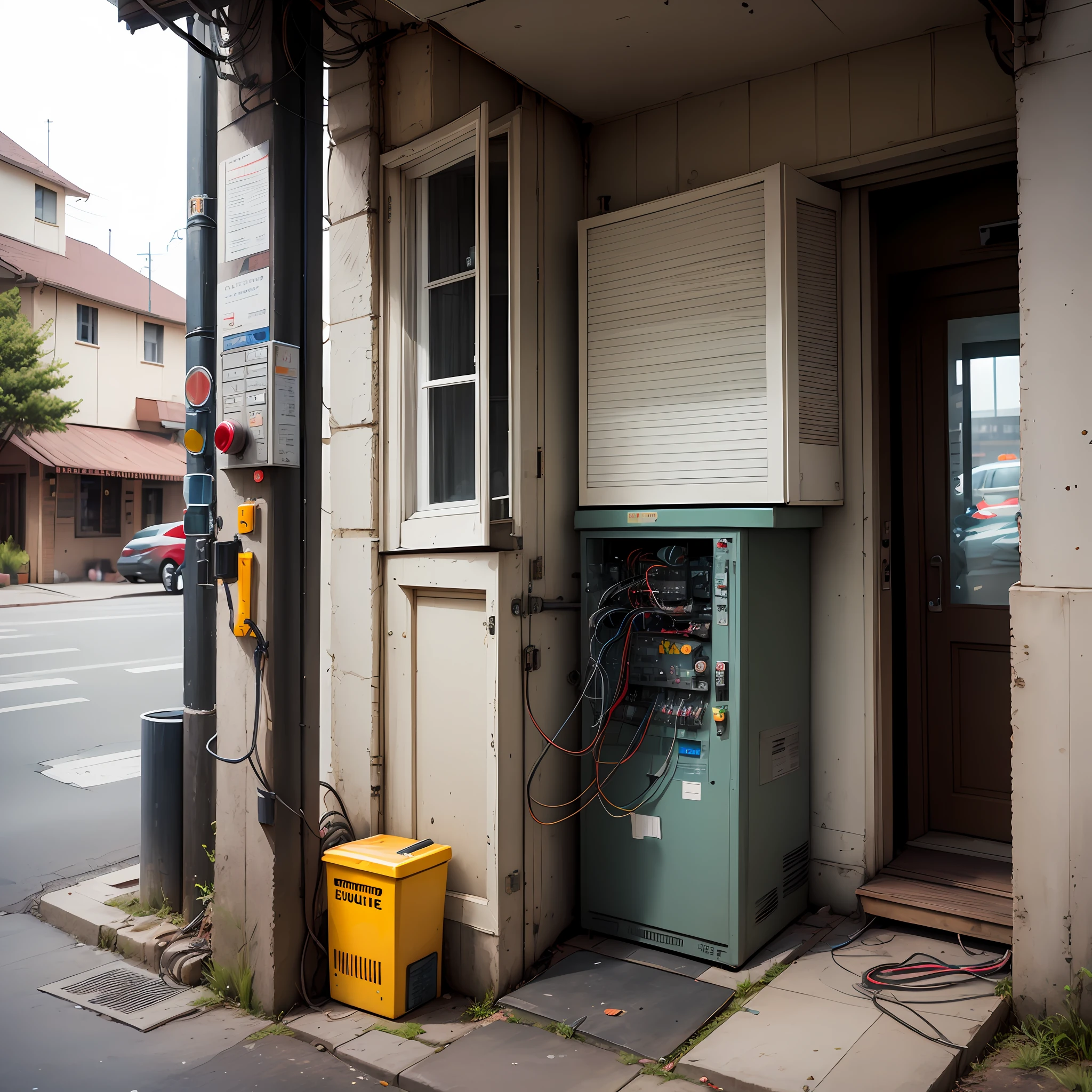 The image shows the process of installing a residential electrical network, Starting at the street pole and going to the house. There are power cables suspended from the poles along the street, que se dividem em duas partes. One part goes to the distribution box on the sidewalk, e a outra vai diretamente para a casa. In the distribution box, there are important circuit breakers and fuses. From there, Secondary cables are connected to the house to bring power to rooms and appliances. Specialized workers involved in the installation process can also be seen. --auto