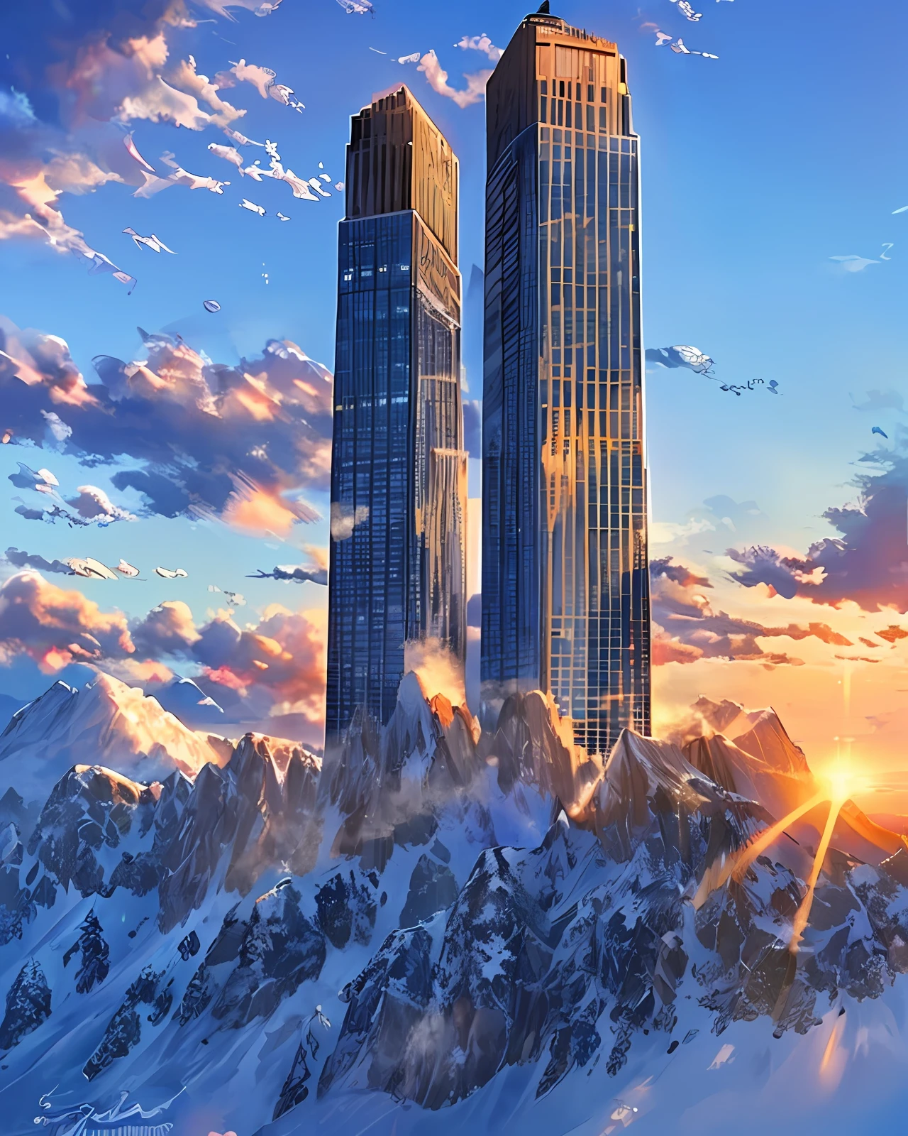 Masterpiece, Best Quality, Snowy Mountains, Winter, Skyscrapers, Morning Sun, Colorful Sky, Clouds, Warm Scenes