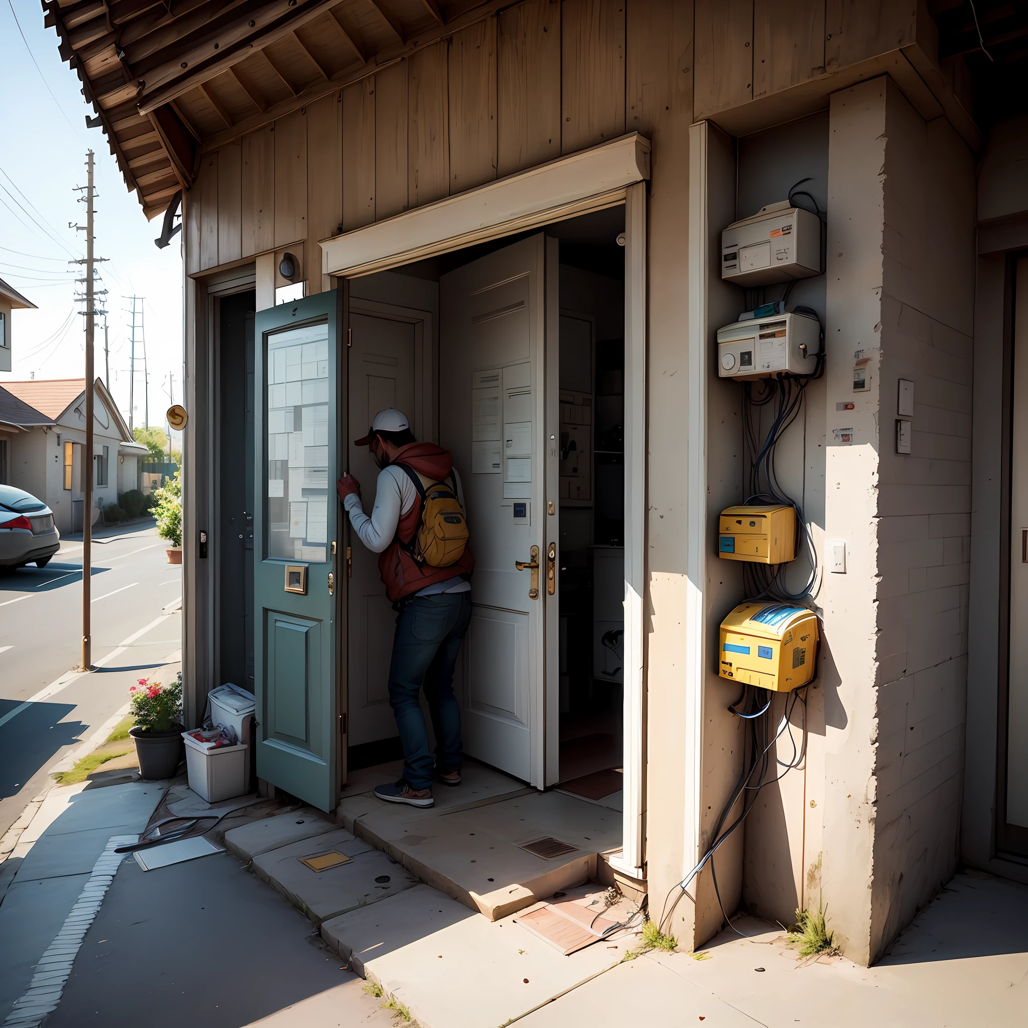 The image shows the process of installing a residential electrical network, Starting at the street pole and going to the house. There are power cables suspended from the poles along the street, que se dividem em duas partes. One part goes to the distribution box on the sidewalk, e a outra vai diretamente para a casa. In the distribution box, there are important circuit breakers and fuses. From there, Secondary cables are connected to the house to bring power to rooms and appliances. Specialized workers involved in the installation process can also be seen. --auto