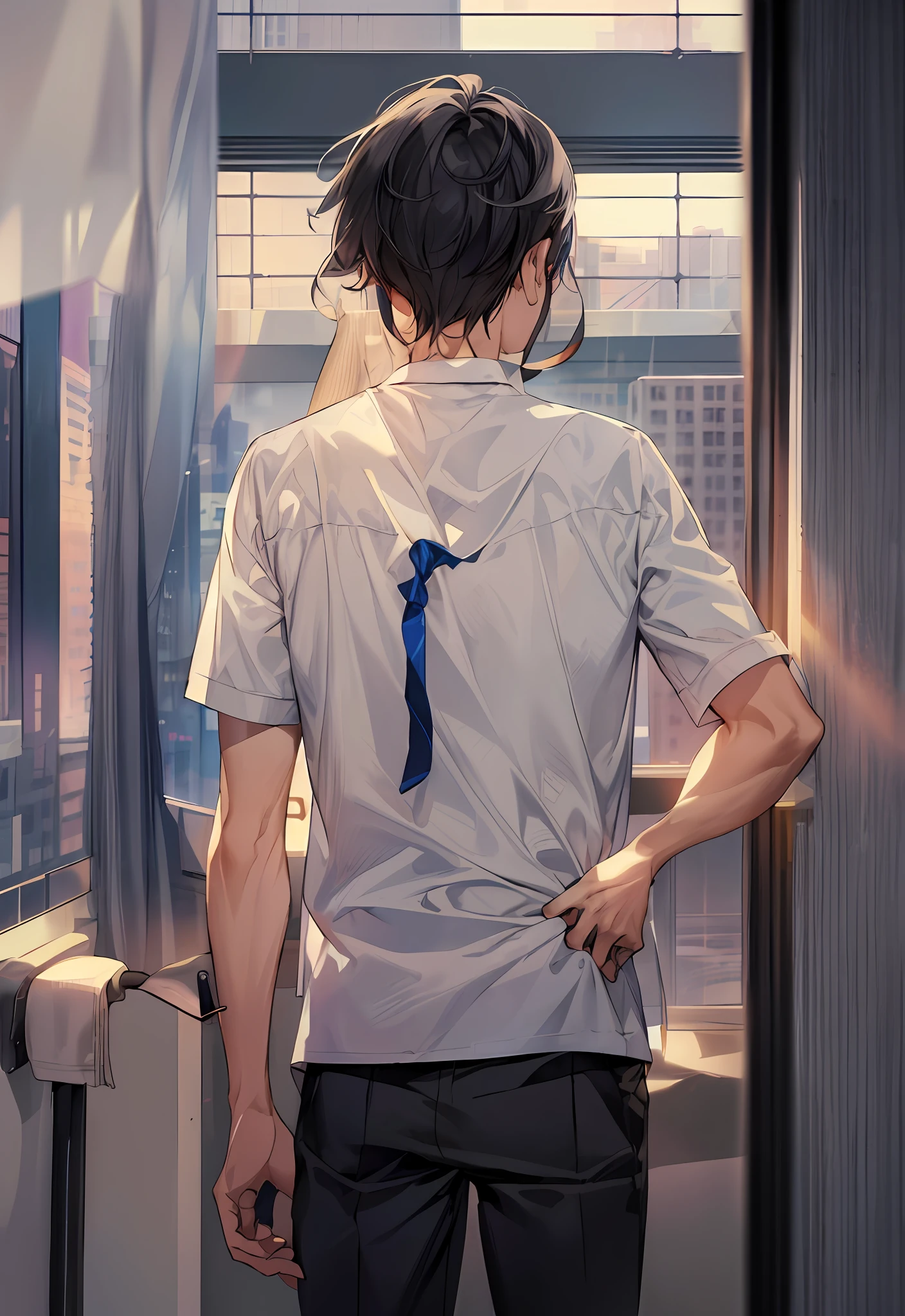 1boy, face focus, adult, business suit, jacket, white shirt, necktie, pants, best quality, hires, detailed face, office, buildings from window, detailed background, diffused sunlight, depth of field, bokeh