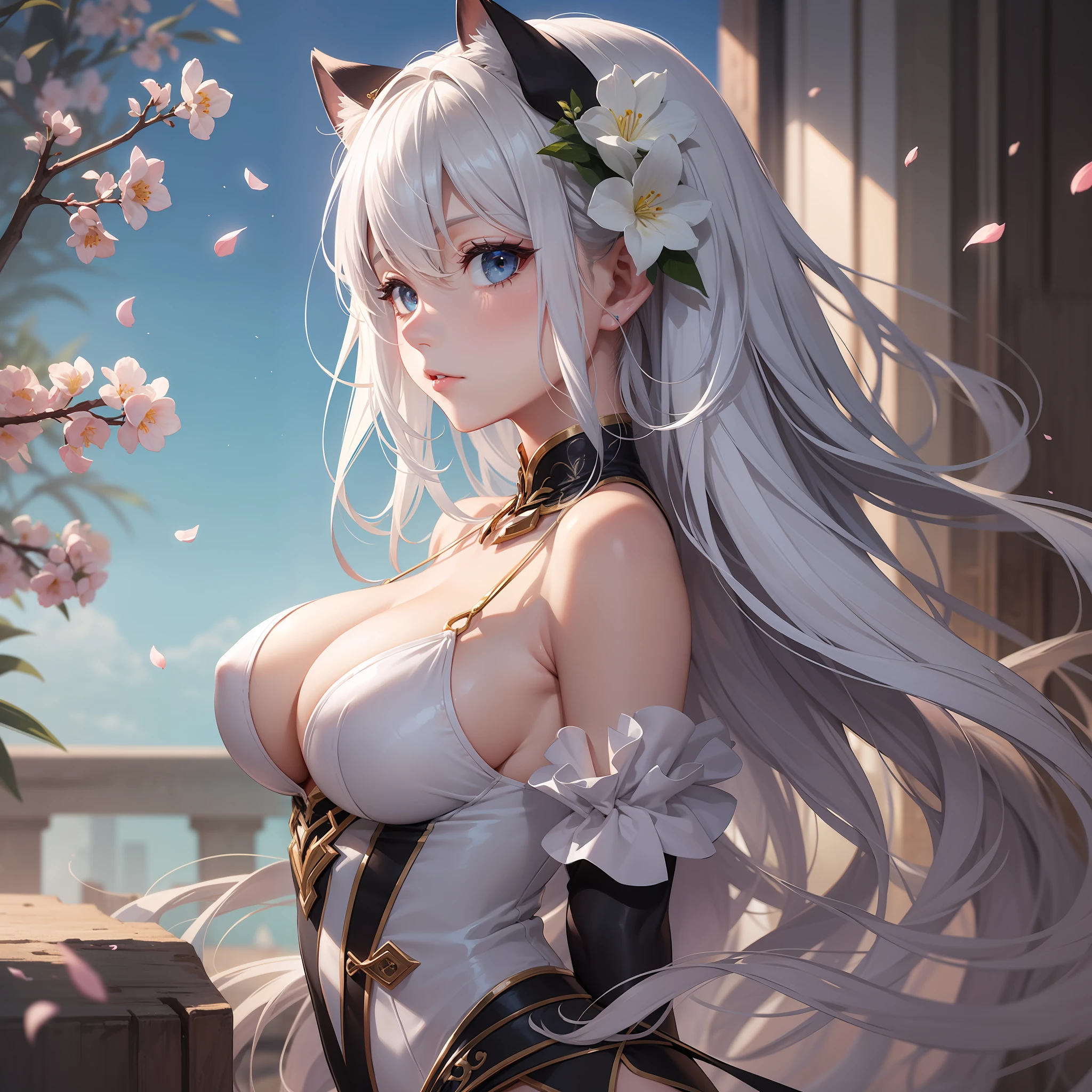 (tmasterpiece:1.2,best qualtiy),(Fine beautiful eyes:1.2),((1girll)),((独奏)),( blue colored eyes:1.4),(Fine eyes and detailed face:1.3),(Beautiful clear background:1.2),(VerydetailedCG,Hyper-detailing,Best shadow:1.1),((depth of fields)),((aquarelle)),(neko:1.5),(lounge suit:1.3),big cleavage breasts,exposed bare shoulders,flowers and petals,Beautiful concept illustration,(white backgrounid:0.5),(illustratio:1.1), (Very fine and beautiful:1.1),(Perfect details:1.1),From the side Side,cowboy lens,Face focus,(white color hair:1.5)