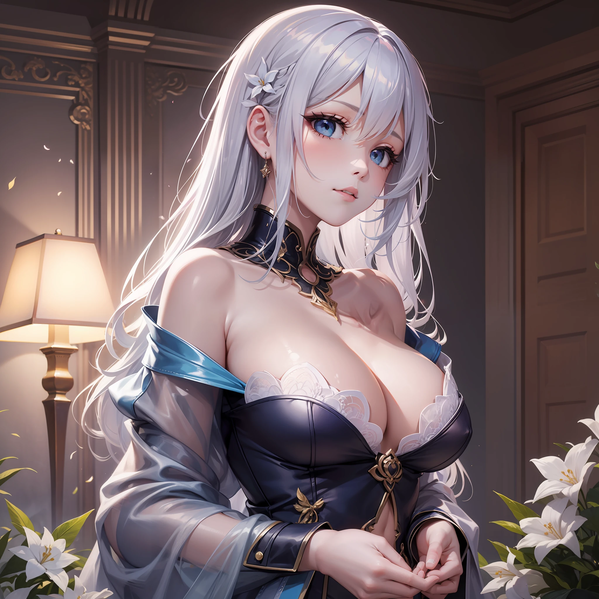 (tmasterpiece:1.2,best qualtiy),(Fine beautiful eyes:1.2),((1girll)),((独奏)),( blue colored eyes:1.4),(Fine eyes and detailed face:1.3),(Beautiful clear background:1.2),(VerydetailedCG,Hyper-detailing,Best shadow:1.1),((depth of fields)),((aquarelle)),(neko:1.5),(lounge suit:1.3),big cleavage breasts,exposed bare shoulders,flowers and petals,Beautiful concept illustration,(white backgrounid:0.5),(illustratio:1.1), (Very fine and beautiful:1.1),(Perfect details:1.1),From the side Side,cowboy lens,Face focus,(white color hair:1.5)