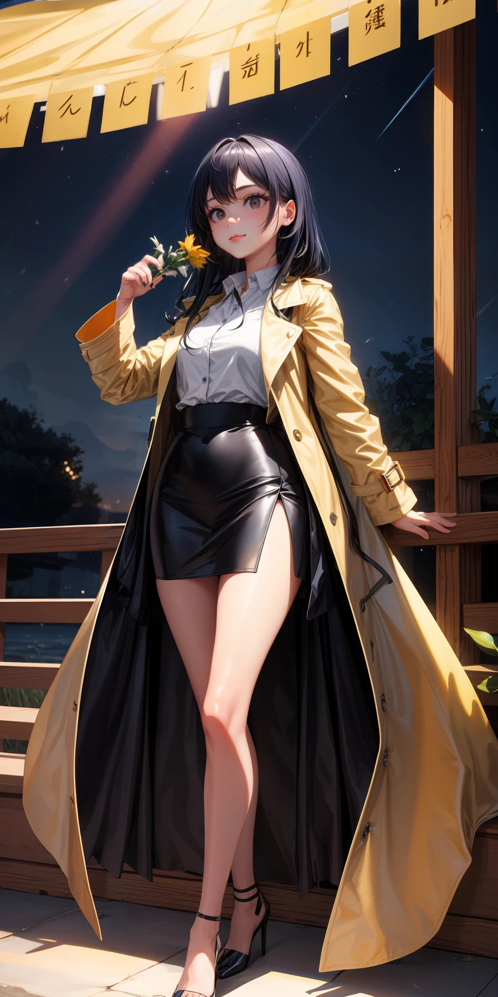 realisticlying,1girll,Long black hair,Black eyes,glowing light eyes,Cut the top,a skirt,parted lip,Be red in the face,the night,fresh flowers,suns,rays of sunshine,Gold trench coat,black lence stockings,One Little Girl,There are dull hairs