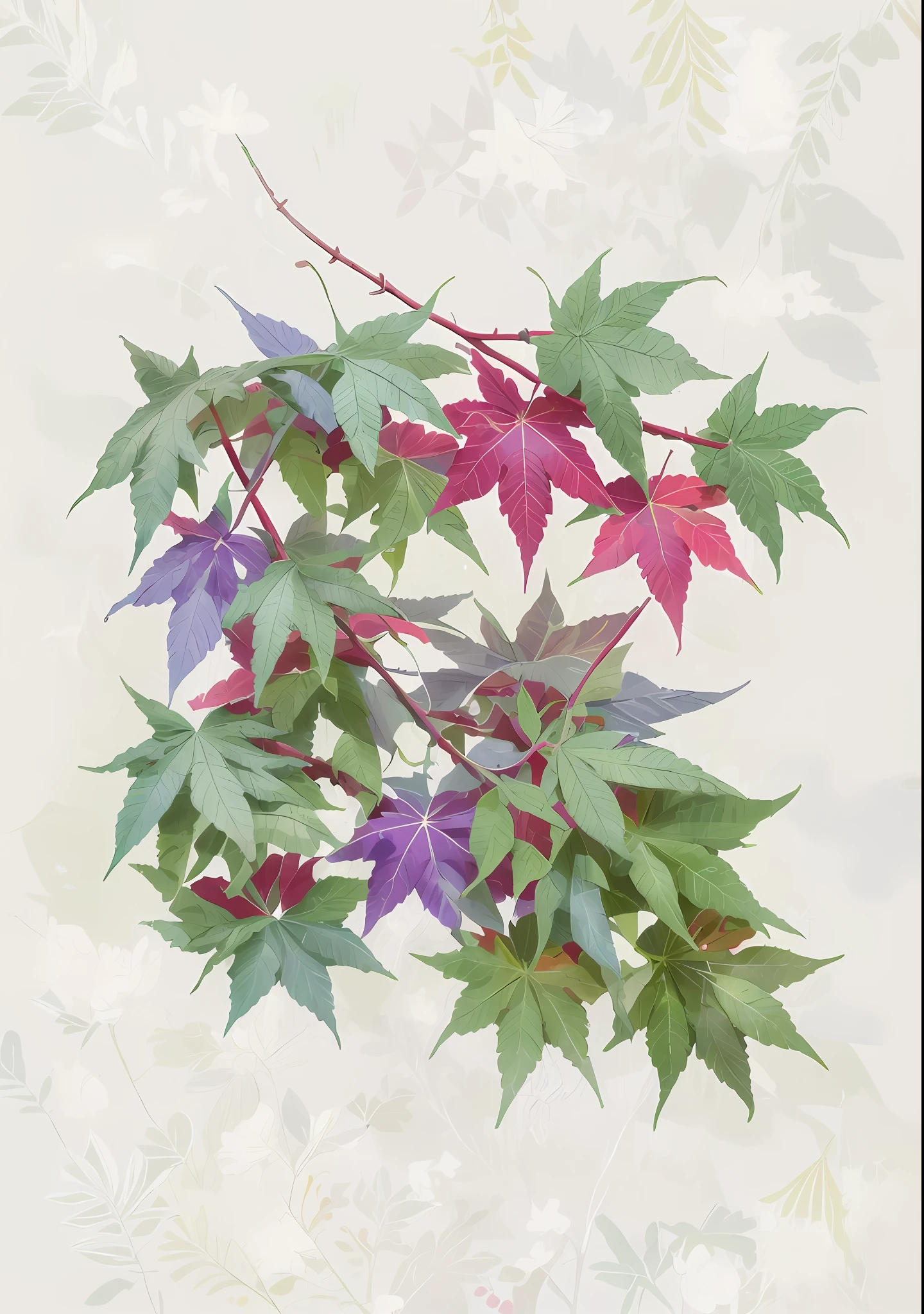 Red maple leaves，There are many leaves of plants on the branches, Colorful weed leaves, Japanese maple, Colorful leaves, Canadian Maple Leaf, translucent leaves, Beautiful image, botanical photo, botanical artwork, botanical art, author：Hasegawa Setan, many leaves, autumn maples, author：Hasegawa Tohaku, leaves foliage and stems