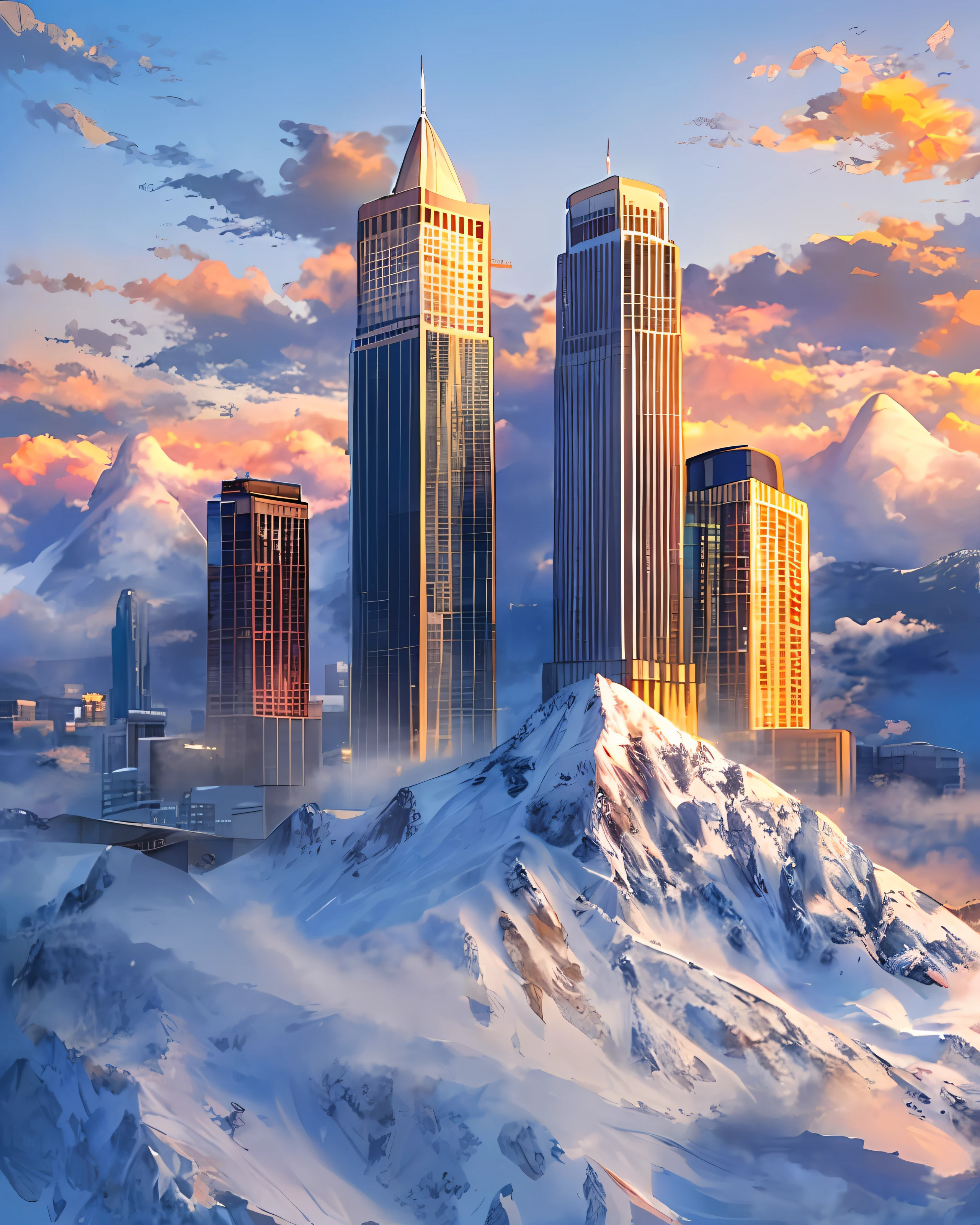 Masterpiece, Best Quality, Snowy Mountains, Winter, Skyscrapers, Morning Sun, Colorful Sky, Clouds, Warm Scenes