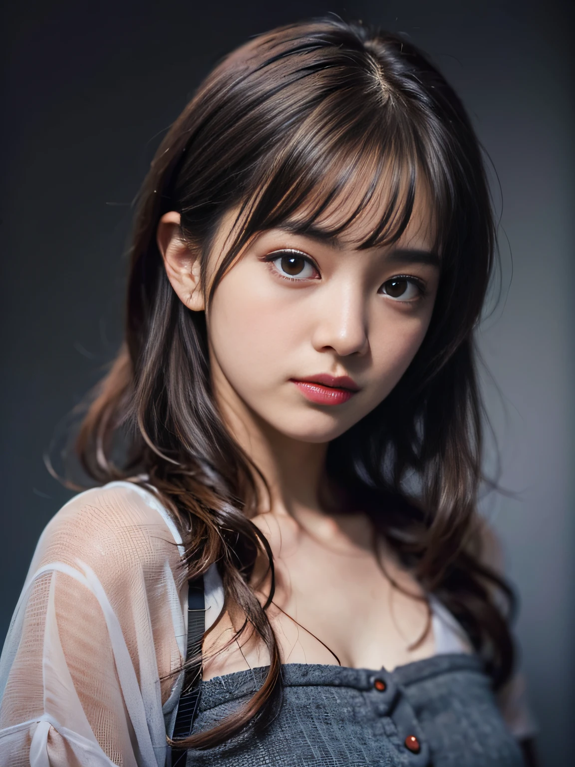 Masterpiece, Top Quality, (Dark photo:1.3), Photorealistic, One Girl, Flat bangs, Stunning innocent symmetry Face, Shirt, Emotional, Urzan, (PureErosFace_V1:0.7), Japanese Teacher