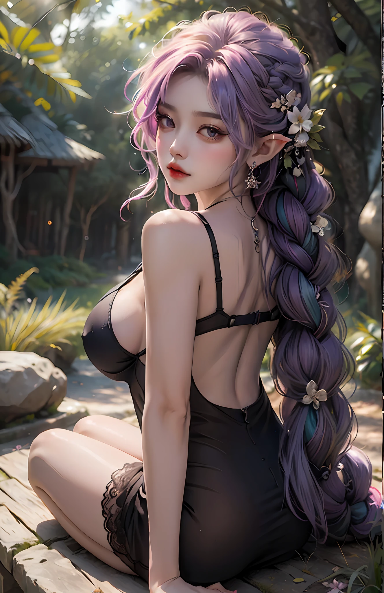 (Best Quality, 8k, 32k, Masterpiece, UHD:1.3), (Photo of Attractive Korean Woman), 1 Girl, (super huge Boobs:1.2), ( long braiding light purple hair) , 1 big side braid, Abs, Perfect Body, Ultra Detailed Face, Detailed Lips, Lust Eyes, double eyelids, lying on her back, lying on an old tree, (seductive), ((aroused:1.5)), ((areolae slip)), Full body, black sheer lingerie, elf, black sheer underwear, lace nightdress, shining hair, japanese goddess, lying on her back, gorgeous maid, beautiful asian girl, korean girl, japanese model, japanese, asian girl, sexy girl, asian, korean woman, seductive, lovely woman, captivating and enticing, (RAW photo: 1.2), top quality, beautiful detailed girl, from below, highly detailed eyes and face, beautiful detailed eyes, huge file size, high resolution, 8k wallpaper, fine detail, highly detailed ticker uniform 8k wallpaper, light on face, movie lighting, 18 year old girl, sexy pose, (photorealism: 1.4), illustration, Super detail, masterpiece, shy look, shy, lewd,very big tits,very huge boobs, (super huge Boobs:1.4), very large ass, double breasts, seductive, wet skin, necklace, earings, sexy, bare shoulders, bare waist, bare thighs, bare breast, flowers on hair, in the forest