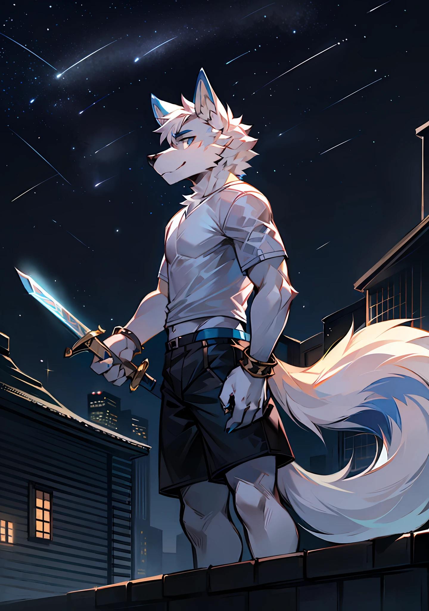 solo person，musculature，Light blue body，White belly，Stand on the rooftop，Looking at the shooting stars in the starry sky，Black  shorts，white short sleeve，Black bracelet，Hold a sword in your hand，Wolf ears，Wolf tail，Side face