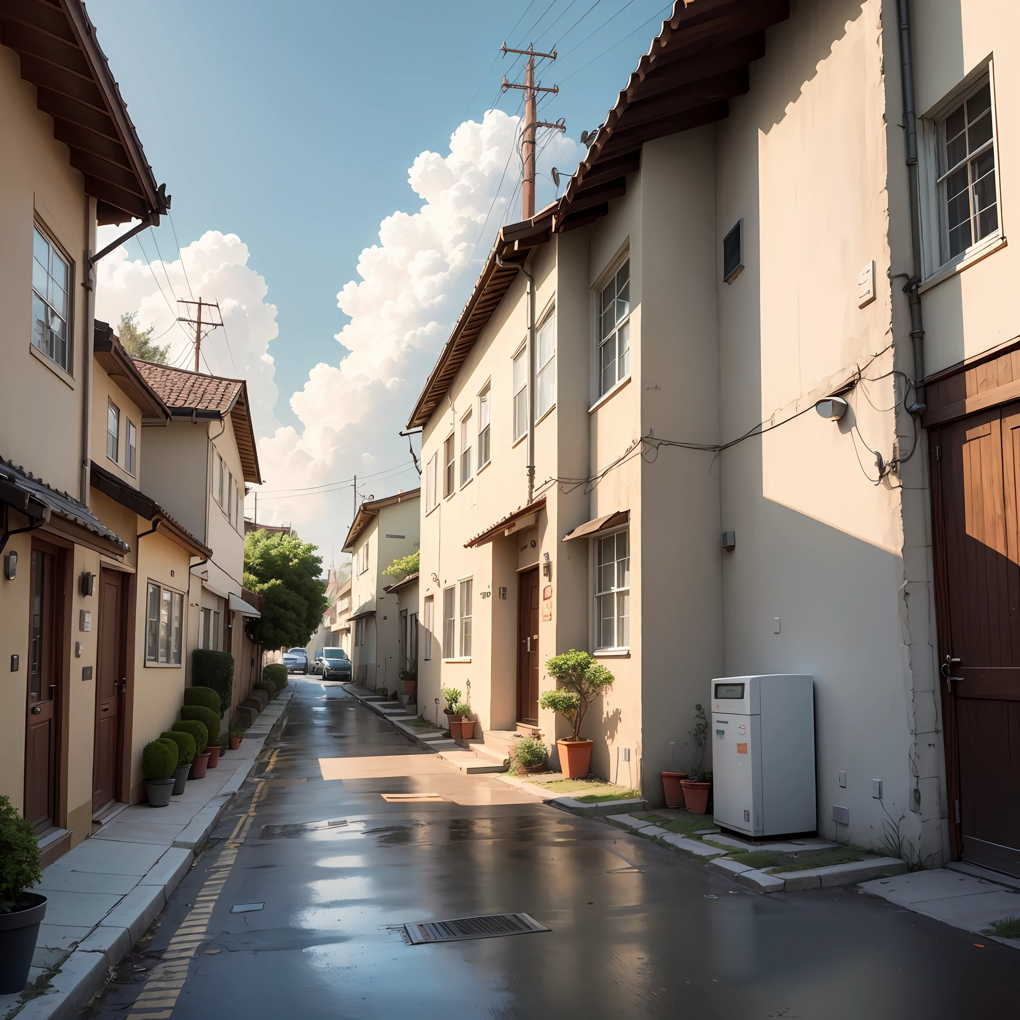 installation of a residential electrical network, starting on the street and ending at the entrance of the house. The scene is set in a residential neighborhood, com casas alinhadas ao longo de uma rua asfaltada. The scenery is sunny, with blue skies and some scattered clouds.
Detailed description:
Na extremidade esquerda da imagem, We see a tall, sturdy electric power pole, Located on the sidewalk in front of the house. The pole is made of sturdy metal and has several suspended electrical power cables, connected to several houses along the street.
Saindo do topo do poste, There is a set of main transmission cables that extend horizontally, formando uma linha que se estende ao longo da rua. These cables are suspended by brackets attached to smaller poles along the route.
Conforme os cabos se aproximam da casa em destaque na imagem, They fall into two main branches. A branch goes to the power distribution box on the sidewalk, enquanto a outra se dirige diretamente para a fachada da casa.
on sidewalk, near the entrance of the house, there is an electric power distribution box. The box is made of metal and contains circuit breakers, Fuses and other electrical components essential for the distribution of electrical power to the home.
From the distribution box, A set of secondary cables is fed into the house, passing through an underground pipe or through ducts fixed to the outer wall. These cables are responsible for bringing the electrical energy to the different rooms and appliances of the residence.
Na fachada da casa, near the main entrance, there is an electricity meter fixed to a box or panel. This meter records the electricity consumption of the residence and is used to calculate bills.
The image can also highlight some skilled workers, as electricians or technicians, que e --auto