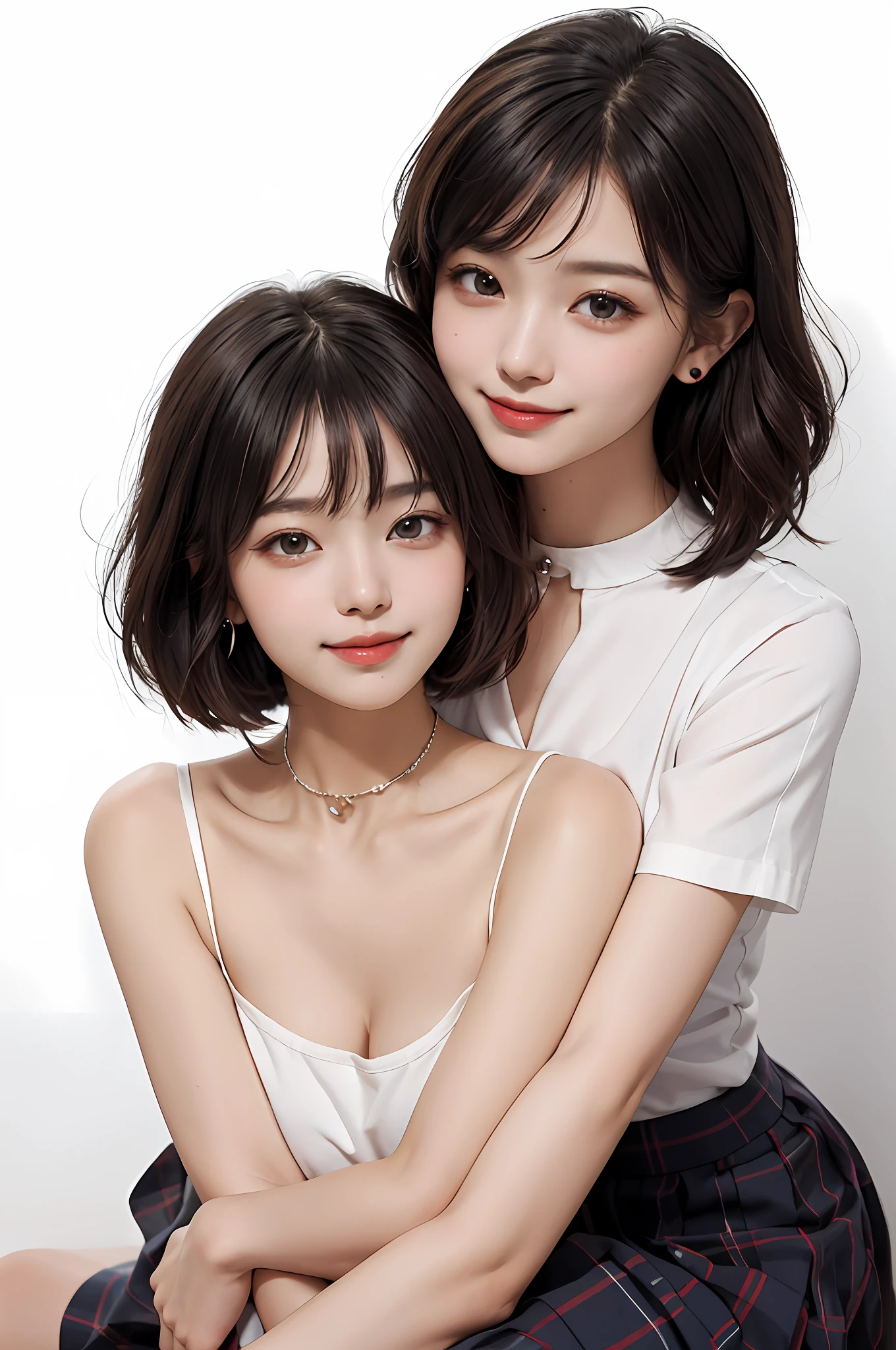 ((low angles、low angles))、Two people hugging each other happily、Two people happily cuddling together、Two people staring at the camera、Lesbian couple、Lily couple、((Two happy people))、Two beautiful adult women、​masterpiece、top-quality、realisticlying、realisitic、Seductive bright smile、Both of them have short clean hair with bangs、((short clean hair))、Both have short hair、clean hair with bangs、校服、(Short pleated skirt 40cm above the knee、plaid skirts)、enticing eyes、Both have very large breasts、Both have big breasts over F cups、(cleavage of the breast)、((Immaculate white background with nothing really))、(28 year old、adult lady）、ighly detailed、Both are very tall、Both have long necks、Both of them straightened their backs.、Put your ears out、a small face、Highlights in the eyes、lipgloss、glowy skin、White-colored skin、Clean collarbone、closes mouth、Close your mouth and smile、Happily、Nice proportions、long legged、lovely、Charming and endearing、Colorful random collar shirt、Beautiful fece、spotless、Beautiful、Very mature、adult appeal、Attractive adult woman、Hug hard、Lashes、Distinct double eyelids