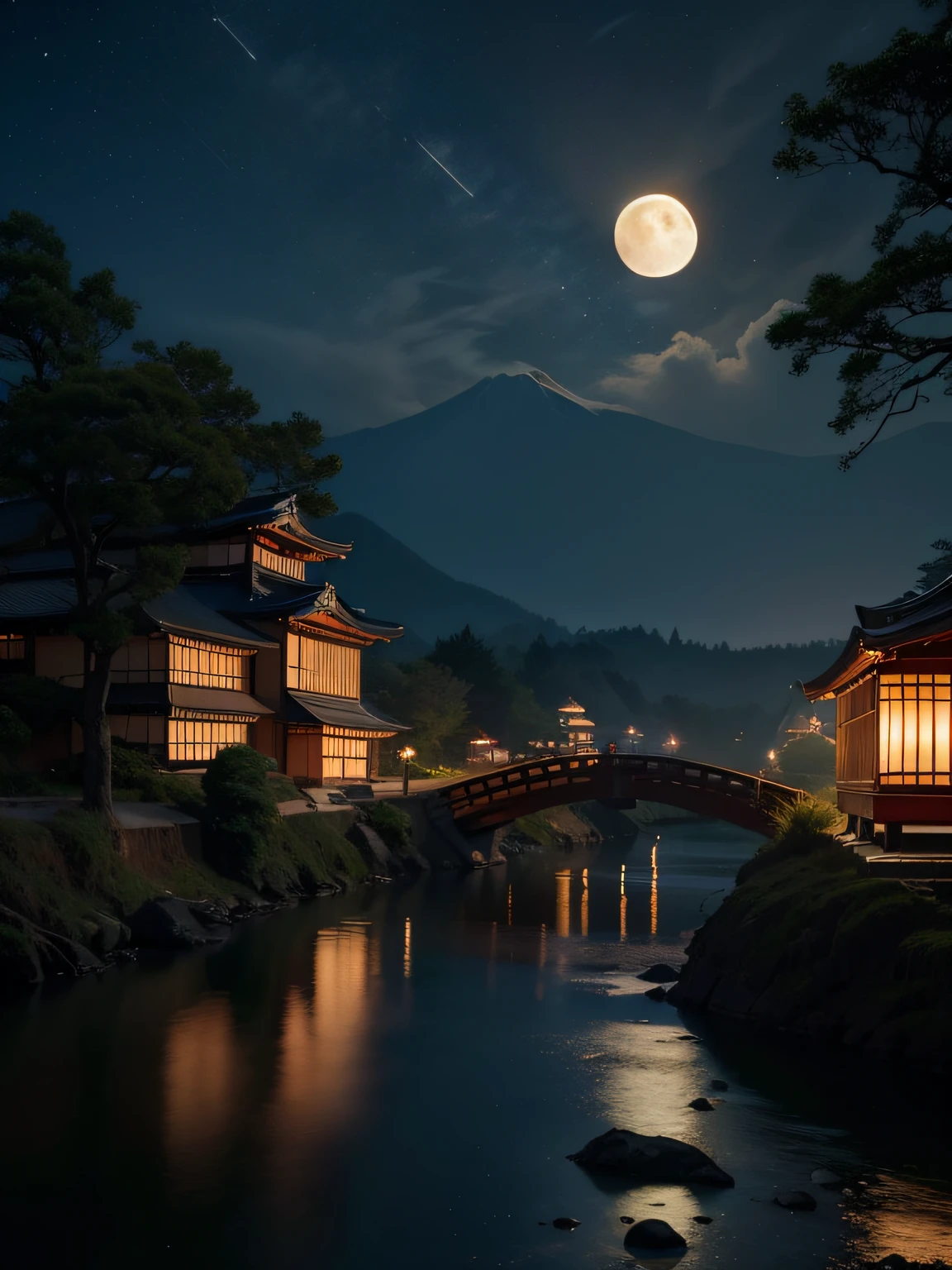 official art, ancient Japan, ancient cityscape, (lots of fireflies), (night), (moon), lights, beautiful landscape, magnificent landscape, realistic lights, masterpiece, high quality, beautiful graphics, high detail, global illumination, unreal engine rendering, octane rendering, (HDR: 1.3)