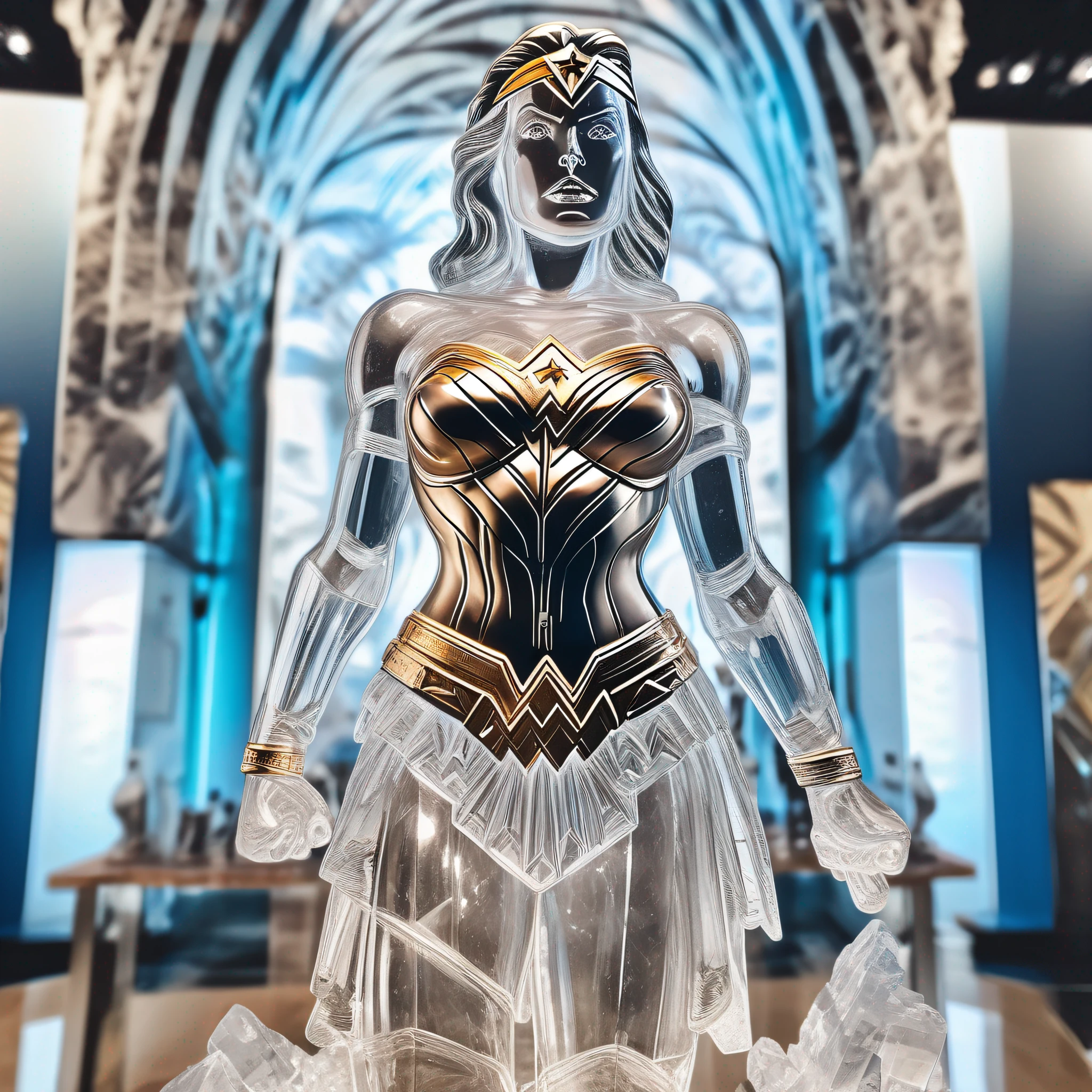 instagram photo, wonder woman statue in transparent crystal, wide angle, hyper detailed, crystal eyes, studio photo, made of ornate transparent crystal, on an exhibition altar, museum background