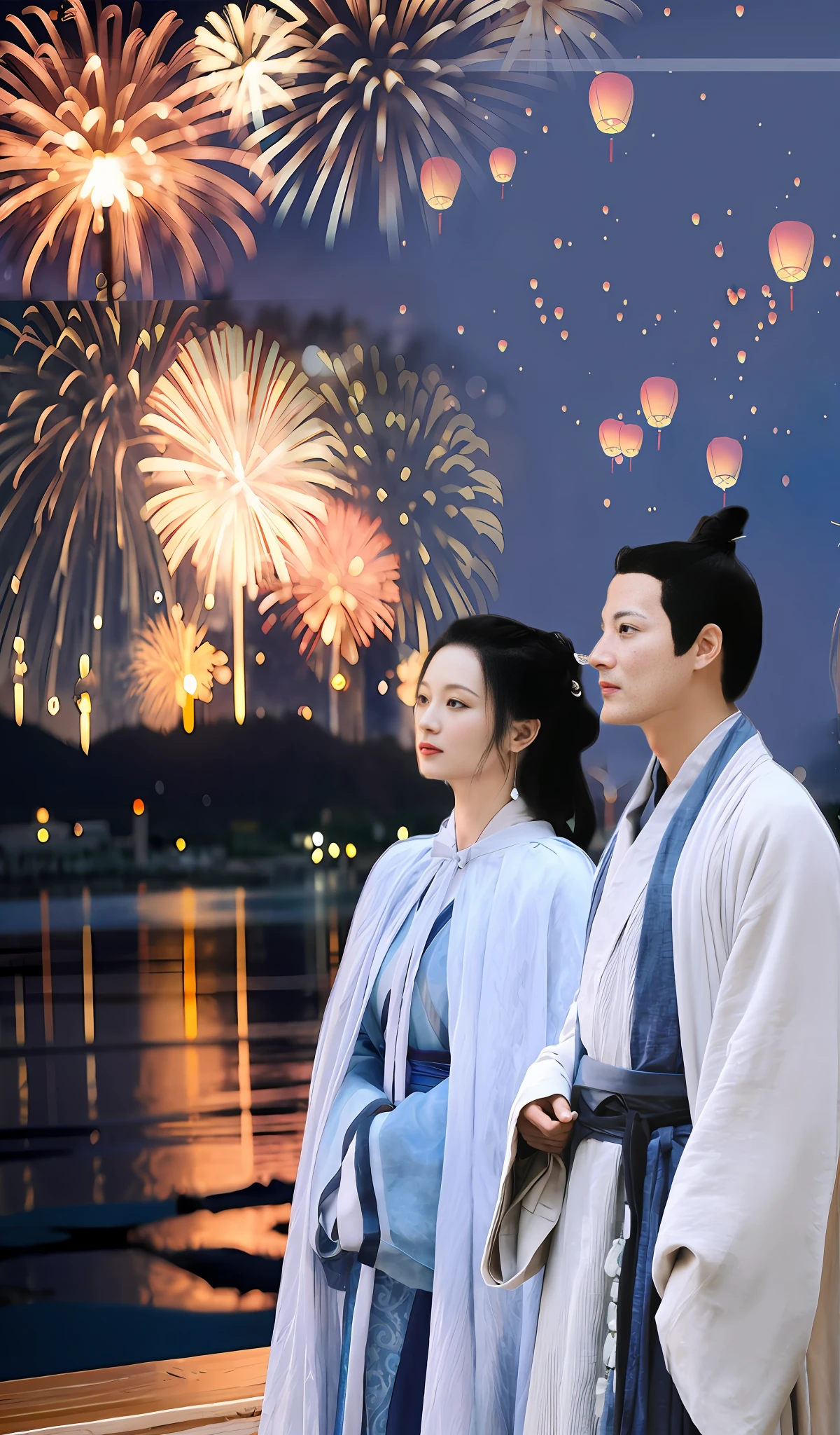 A man and a woman stood side by side in Han clothes, The woman wears a cloak, Look up at the lights across the river, Fireworks in the starry sky at night, Kong Ming lantern slowly rising, high detail, Romanticism, Verism, En plein air, Canon, Wide-Angle, masterpiece, high details, high quality, best quality, highres