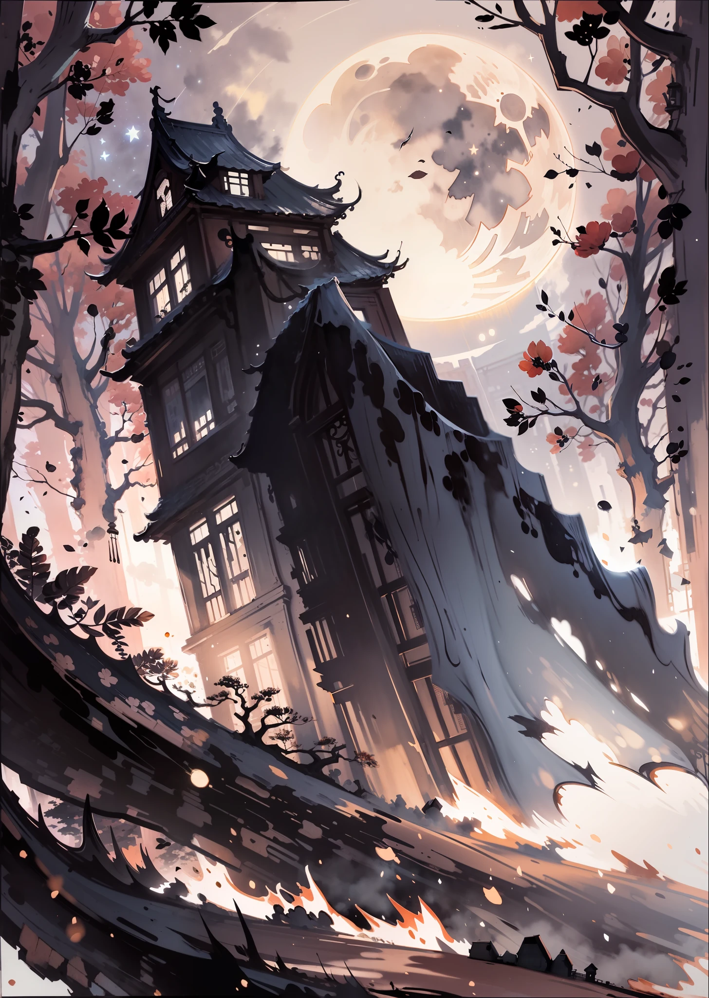 China-style,Tall ancient buildings in the woods,with the sky full of stars,full moon,realisticlying,tmasterpiece,empty of people,ink and watercolor painting
