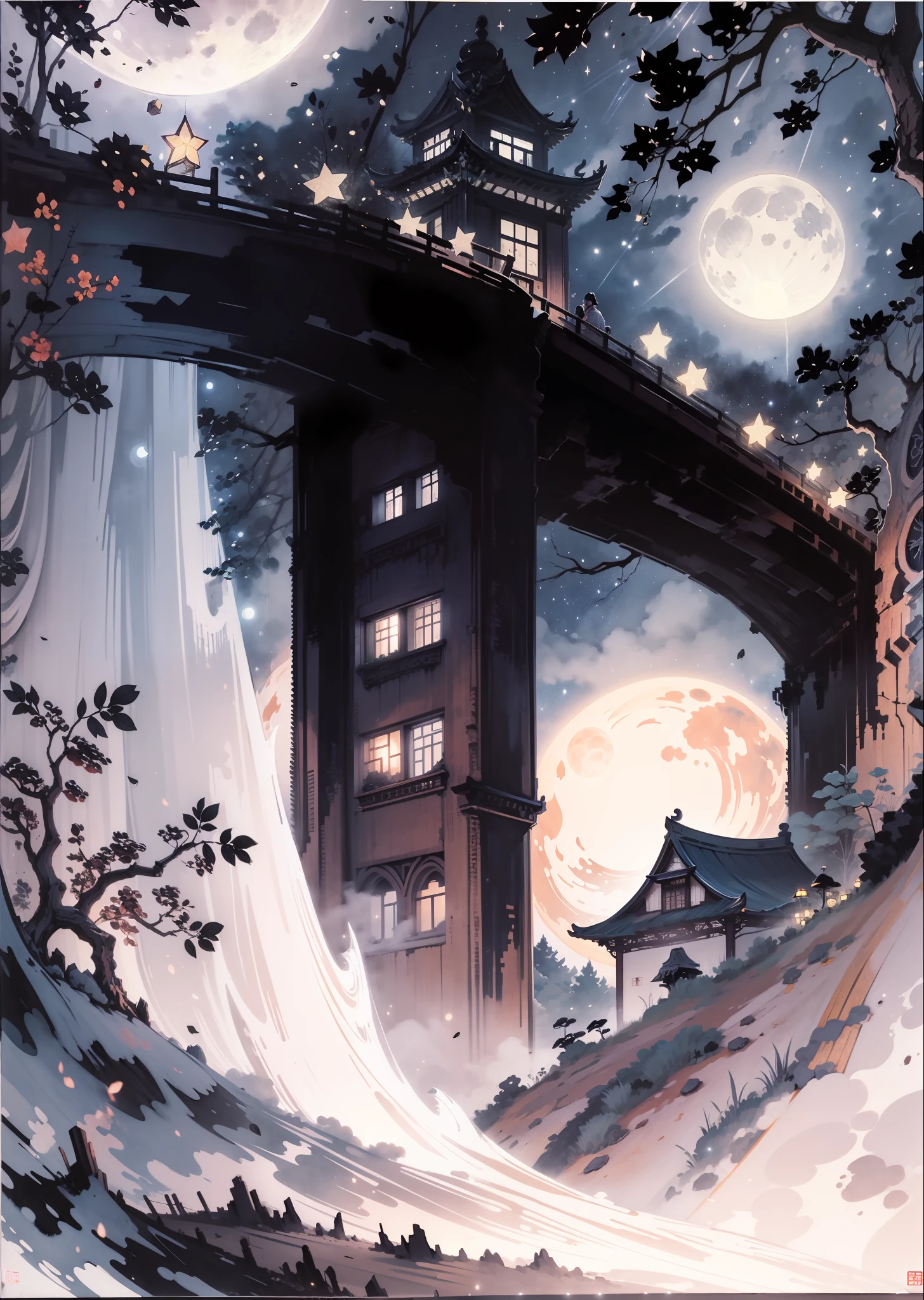 China-style,Tall ancient buildings in the woods,with the sky full of stars,full moon,realisticlying,tmasterpiece,empty of people,ink and watercolor painting