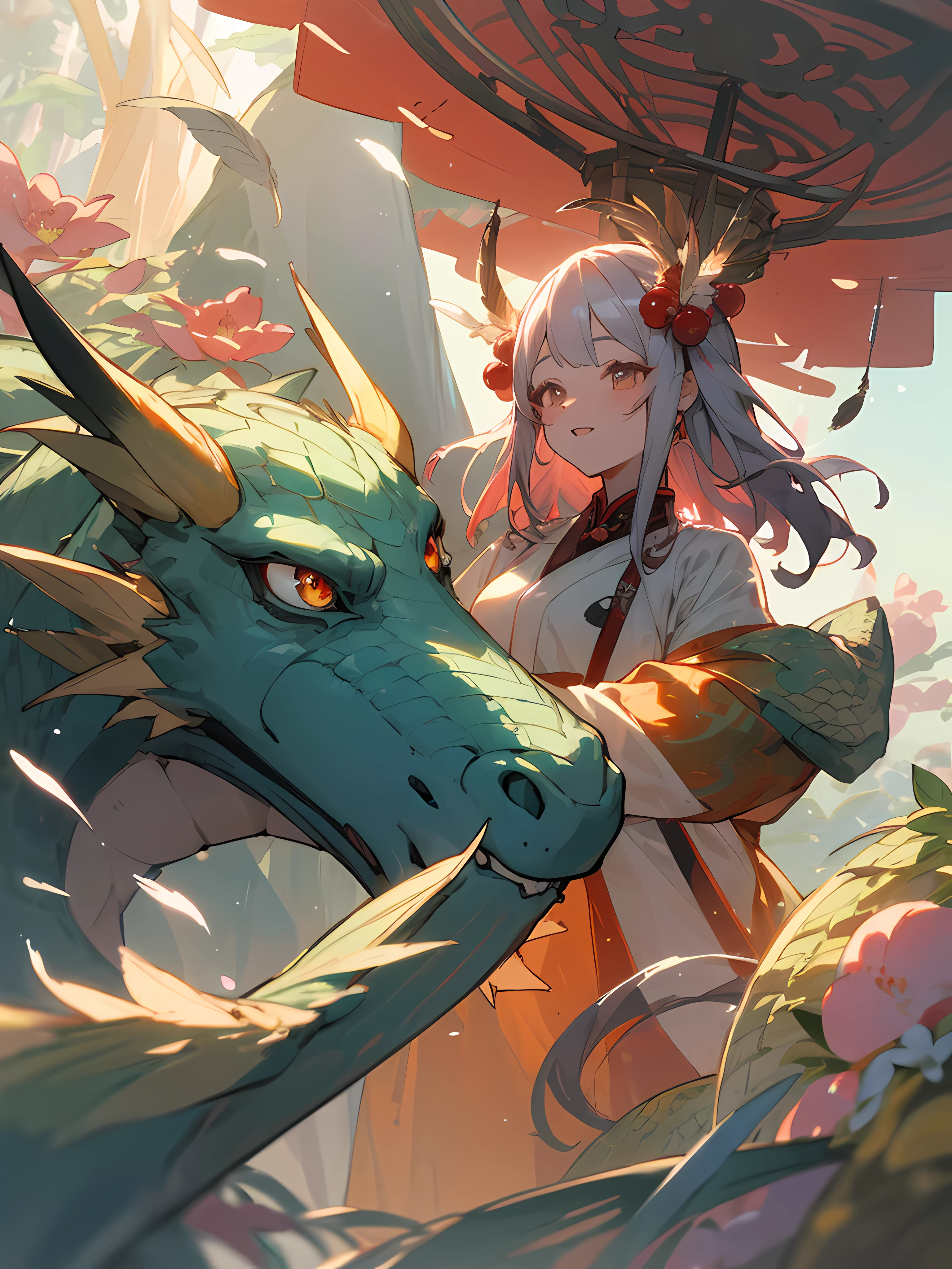 ((tmasterpiece,Need)),1girl,((A MILF)),,Long hairs,Flutter,hair adornments,(Hanfu),((Feather sweater)),(夏天),(Dragon Girl), rays of sunshine, (detailedlight), lamplight, (colorful), looking at viewert, Chinese style architectural background, characteristic,(blooms), (shine)