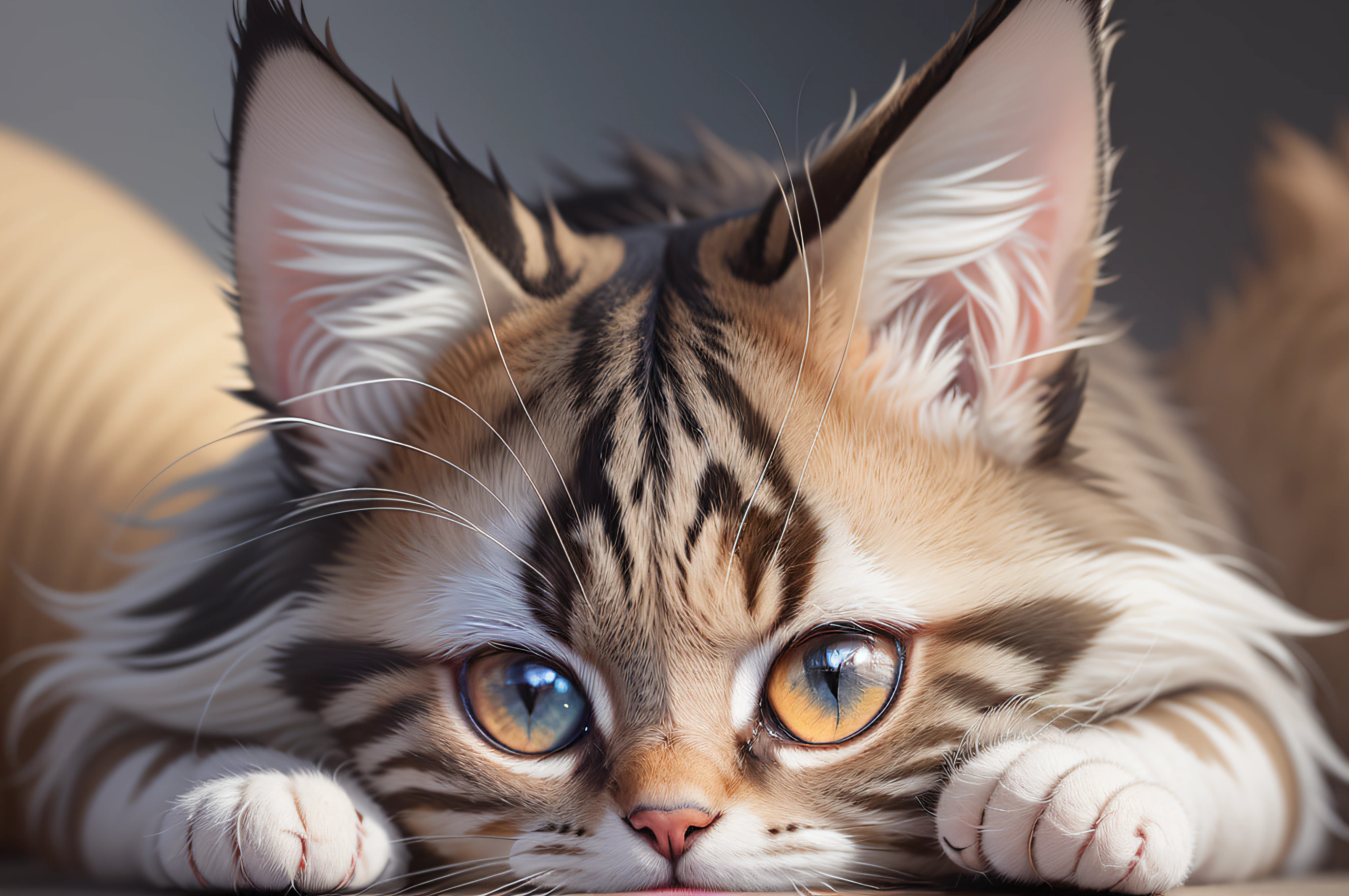 {{An extremely detailed and fluffy cat}} that showcases its softness and shagginess. This is a masterpiece-quality image that emphasizes {the cat's beauty and aesthetics}. The image should have {a depth of field} that highlights the cat's features and creates a visually pleasing composition. It can be a full-body shot or a chibi-style depiction, depending on the desired artistic style. The focus should be on the cat's {beautiful and detailed eye}, capturing its expressiveness and adding to the overall charm of the image. The lighting should enhance the cat's fur texture and bring out its softness, creating a sense of comfort and warmth. The level of detail should be {extremely high}, with every whisker and fur strand meticulously rendered. The resolution should be the highest possible to ensure the image's quality and clarity. The goal is to create an image that brings extreme happiness and joy to viewers, evoking a sense of awe and admiration for the cat's adorable and fluffy nature.