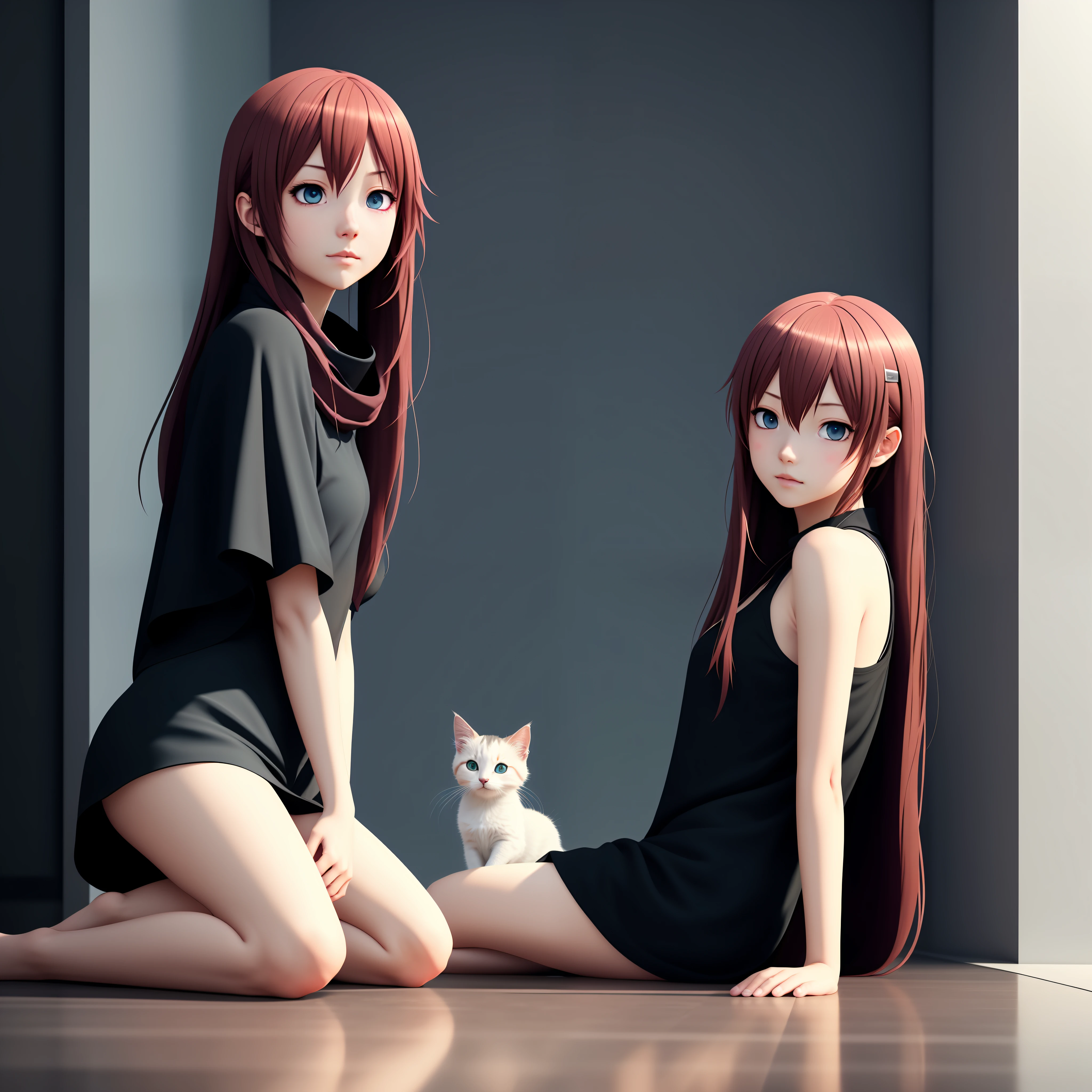 Anime girl sitting on the ground，There is a kitten next to it, cyberpunk art by Russell Dongjun Lu, cgsociety contest winner, conceptual art, Rainy days. game render, Game CG, Realistic anime 3 D style, Guviz-style artwork, 3 D rendering character art 8 K, Ross Tran 8 K, Smooth anime CG art, 3 d anime realistic，clever，Extreme image quality，Long hair with a shawl，whaite hair，Rainy days