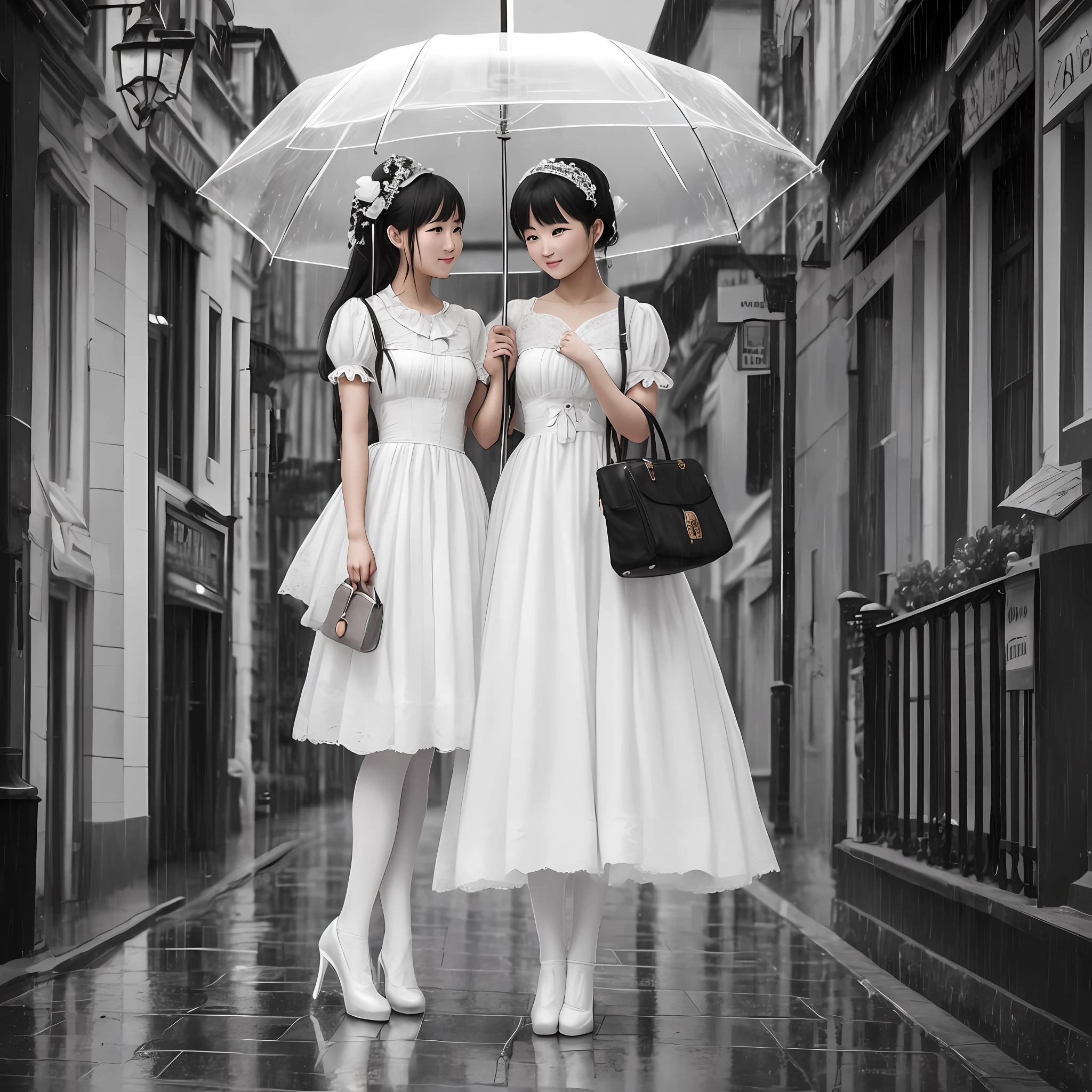 ((Two Victorian maidens+Arm in arm:0.8+A leg ring:0.7)Leaning against each other under umbrellas),(White stockings+White Lolita Maiden in the Rain),Black bags:0.9，It was dark，The town is blurred，The clouds seemed to be falling。 --auto