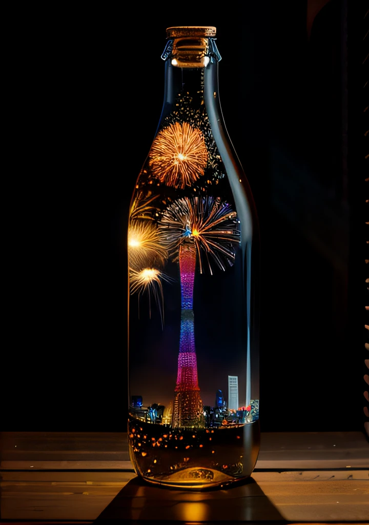(The bottle can see the fireworks of Guangzhou City,Canton Tower at night),realisticlying,Atmospheric light refraction,The bottle is centered,Photo by Lee Jeffries,Nikon D850 Film Stock Photo 4 Kodak Portra 400 Camera F1.6 shots,rich colours,hyper realistic lifelike texture,dramatic lighting,unreal engine trending on artstation cinestill 800,Style-Glass