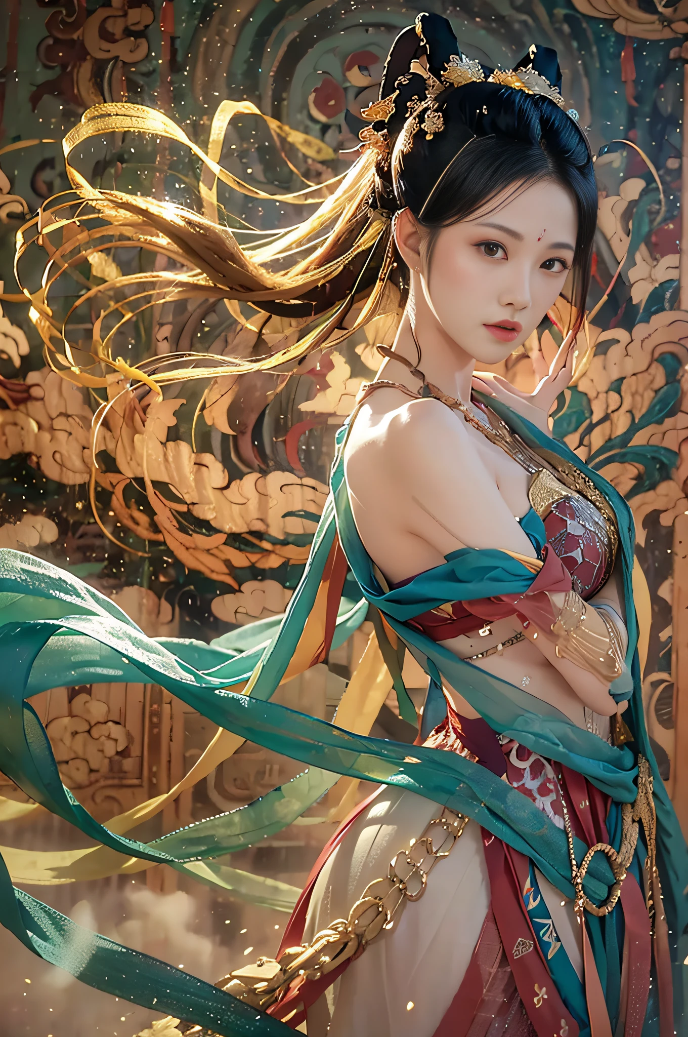 1girl,Dunhuang flying costume,Long messy hair,JI Jian,Dunhuang style,A lot of smoke,exquisite,elegant colors,(realisticlying,high detal,tmasterpiece,ultra - detailed,dynamic angle,Mural background,water ink,astounding,cinmatic lighting,illustratio,lightand shade contrast,The light from the back window is backlighted,God Ray,Best quality at best,Best quality at best,Spider webs in the background