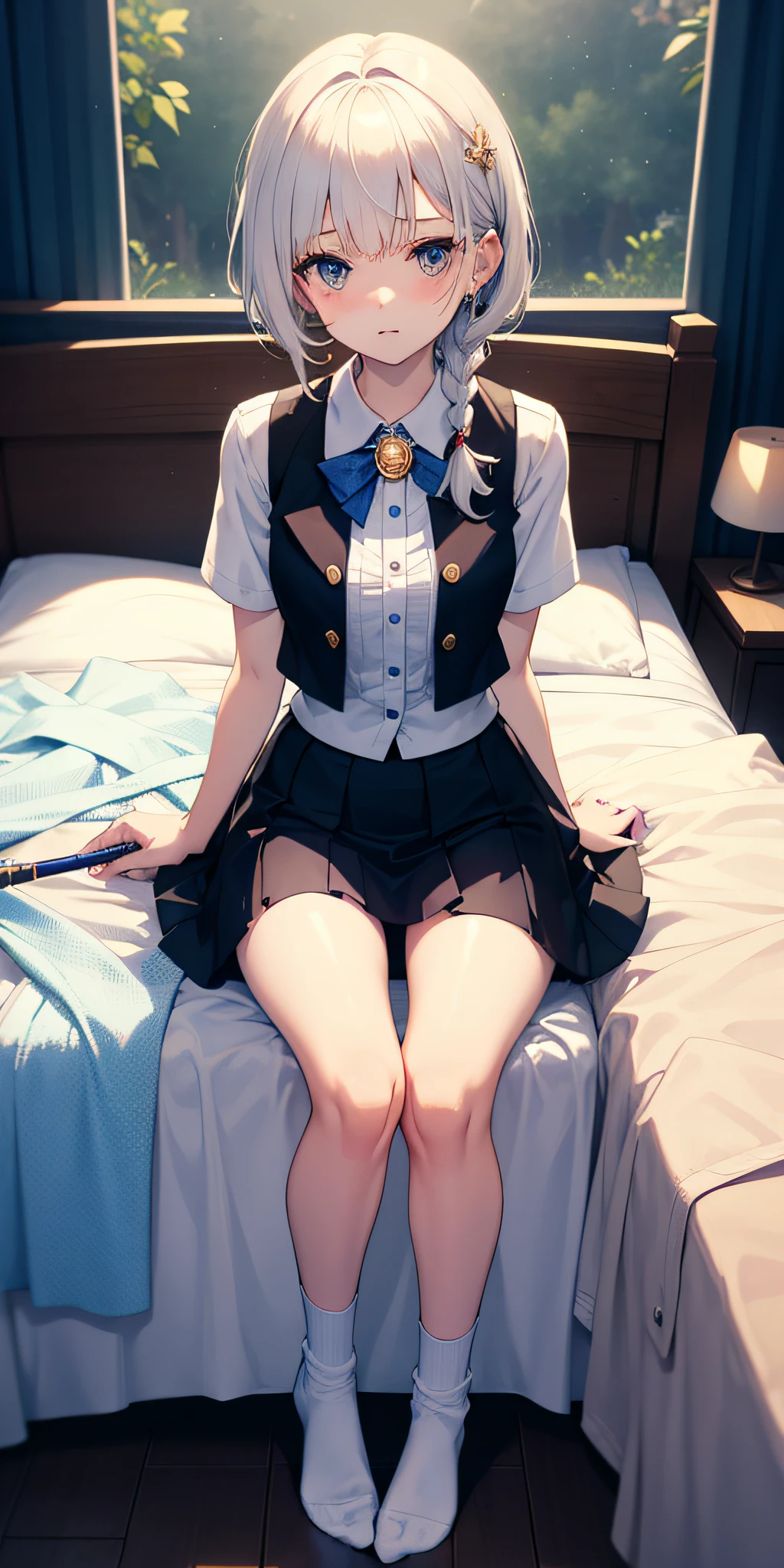 She has short white hair,Glass Hitomi,adolable,close-up all over the body,Keep your mouth shut,hyper HD,high qulity,Wear a white vest,Dull hair on the head,Wear a short skirt,A hexagonal gold brooch is worn on his chest,The chest is small,teens girl,Holds a magic wand in his right hand,Bare legged,Wear socks,Very beautiful,,Brush a twisted braid,with fair skin,teens girl,A shy look,sit on a bed,Top angle of view