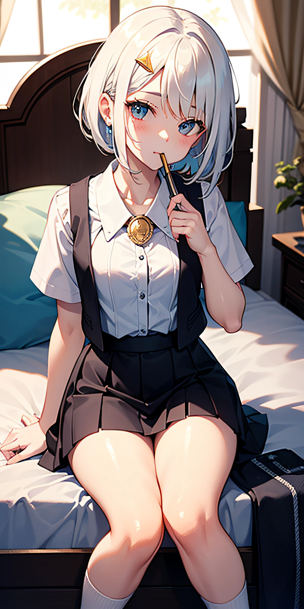 She has short white hair，Glass Hitomi，adolable，close-up all over the body，Keep your mouth shut，hyper HD，high qulity，Wear a white vest，Dull hair on the head，Wear a short skirt，A hexagonal gold brooch is worn on his chest，The chest is small，teens girl，Holds a magic wand in his right hand，Bare legged，Wear socks，Very beautiful，15 years old，Brush a twisted braid，with fair skin，teens girl，A shy look，sit on a bed，Top angle of view