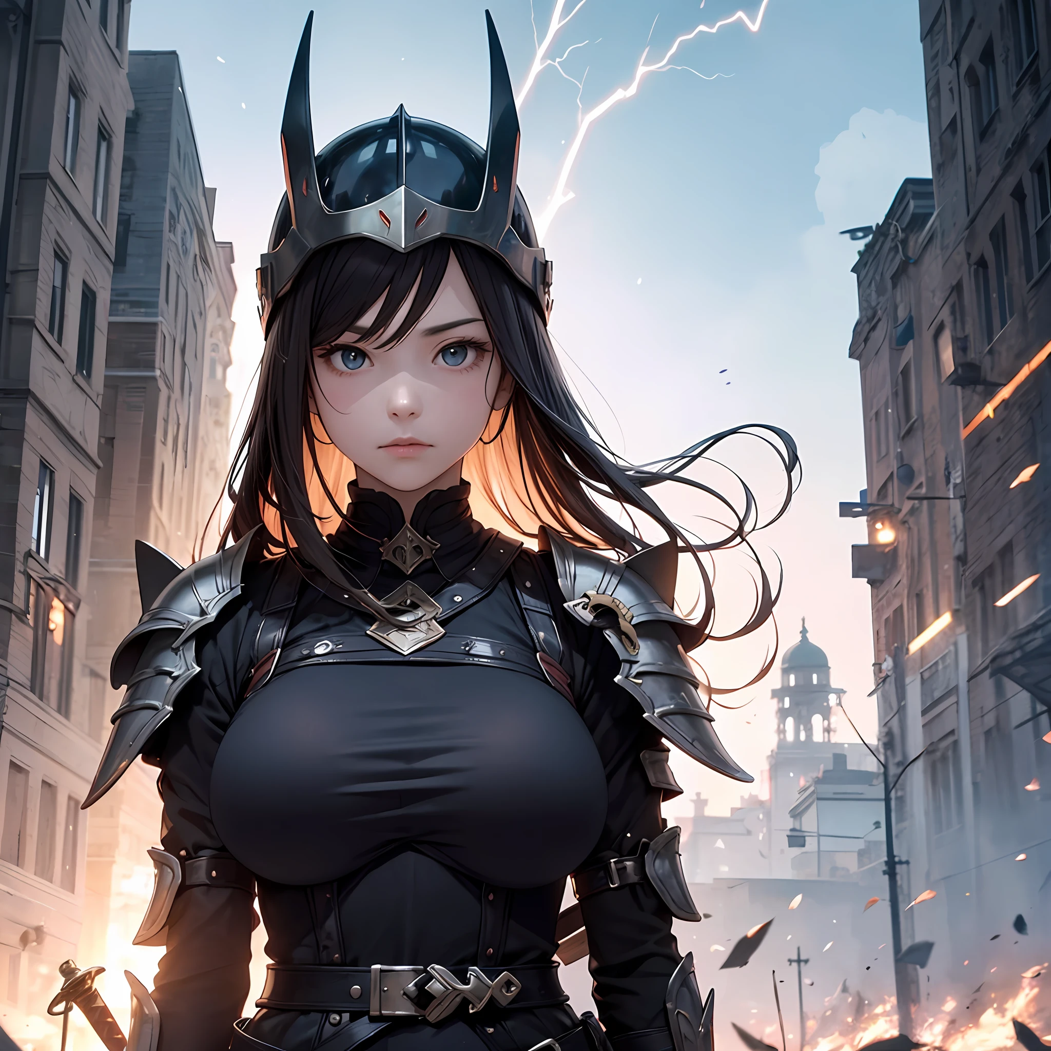 Fantastical、The sky is black、realisitic、Woman in black armor、realisitic、Helmet is full face、sideways Facing、Long hair is intense、Someone like live-action、I can't see my face、I have a sword in both hands、femele、Chest big、huge tit、Thunder light --auto