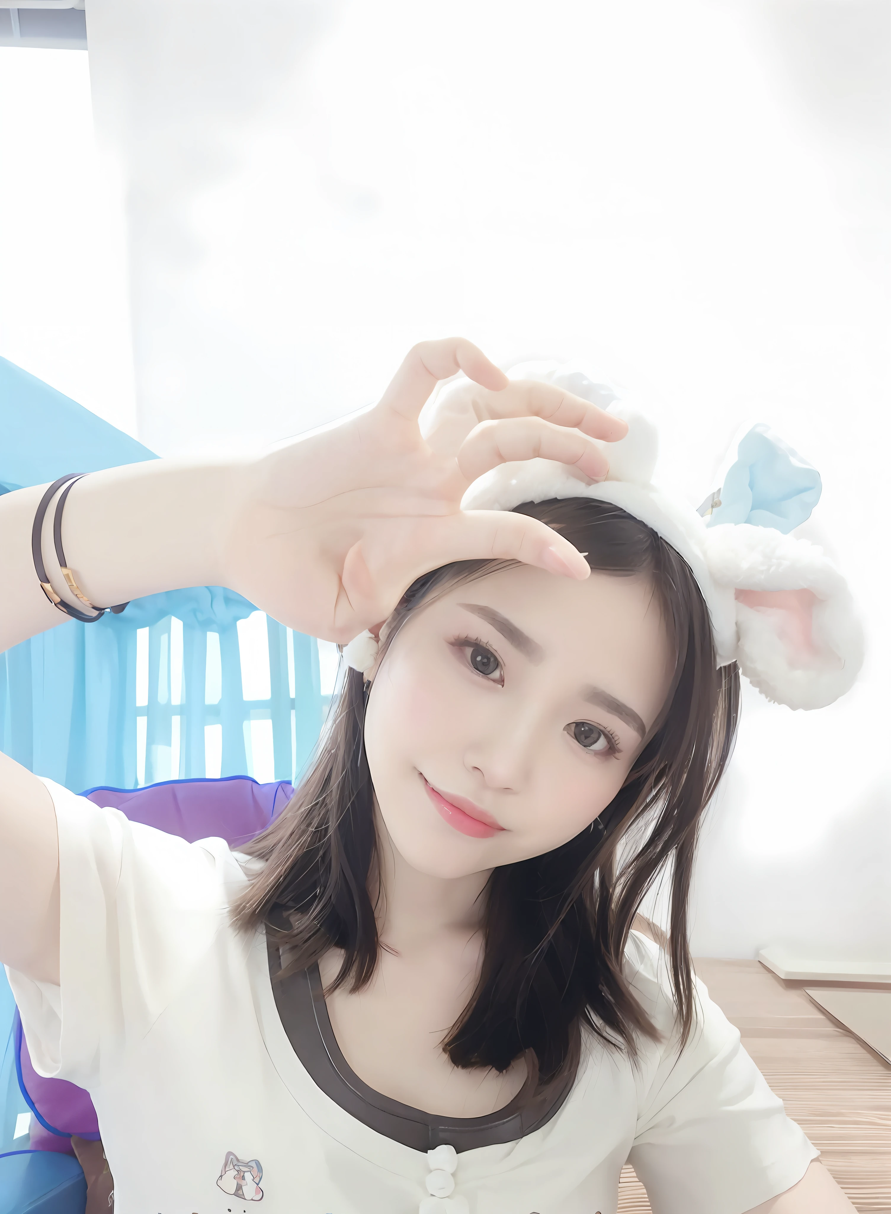 There was a woman wearing a cat ear cap, 8k selfie photograph, with bunny ears, dilraba dilmurat, low quality photo, with big rabbit ears, xintong chen, ulzzangs, cutecore, White ( cat ) Girl, belle delphine, very very low quality picture, taken with canon eos 5 d mark iv --auto